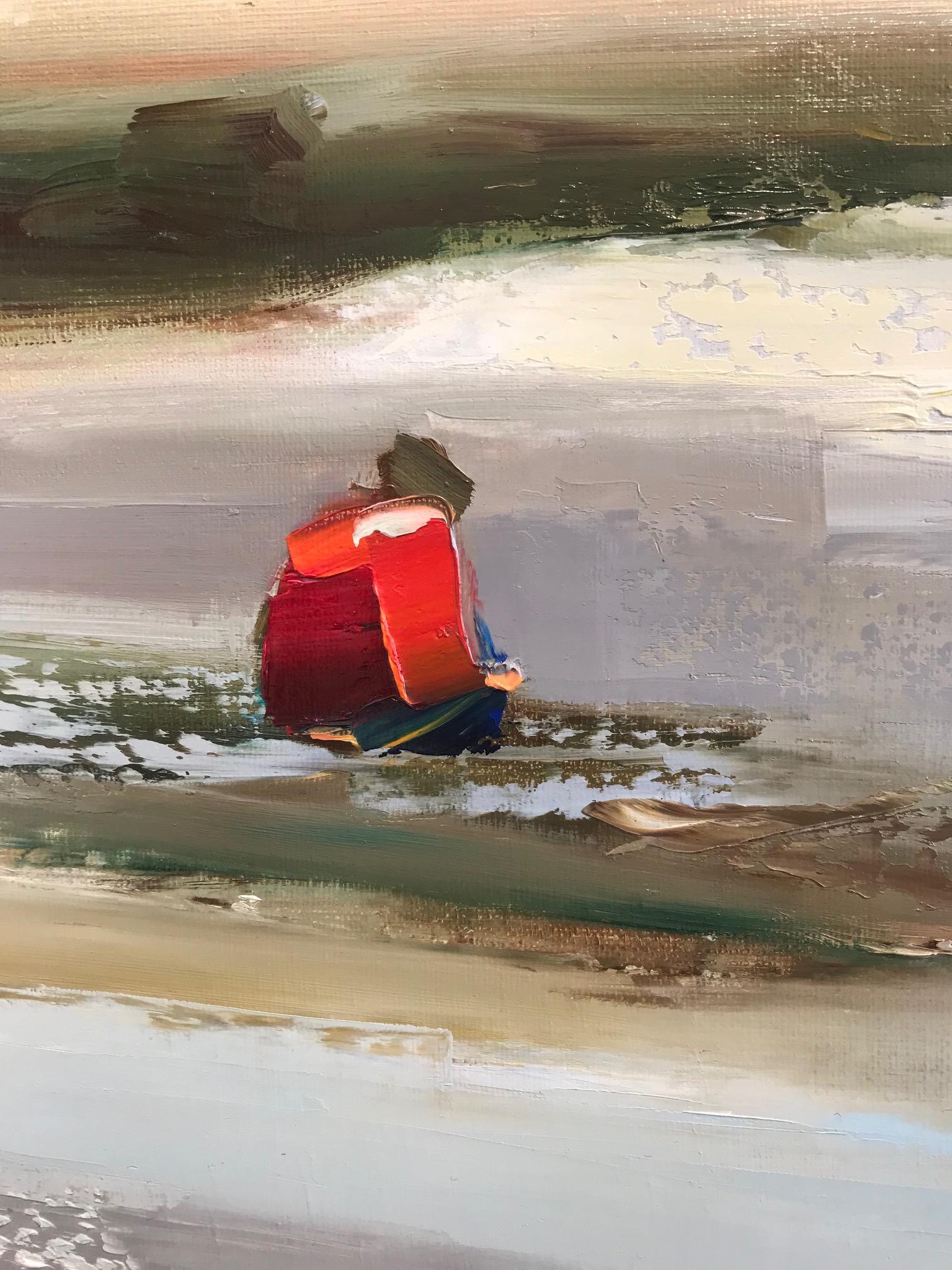 ''Falaises'' Peinture à l'huile contemporaine de personnes sur une plage française - Gris Figurative Painting par Ewa Rzeznik