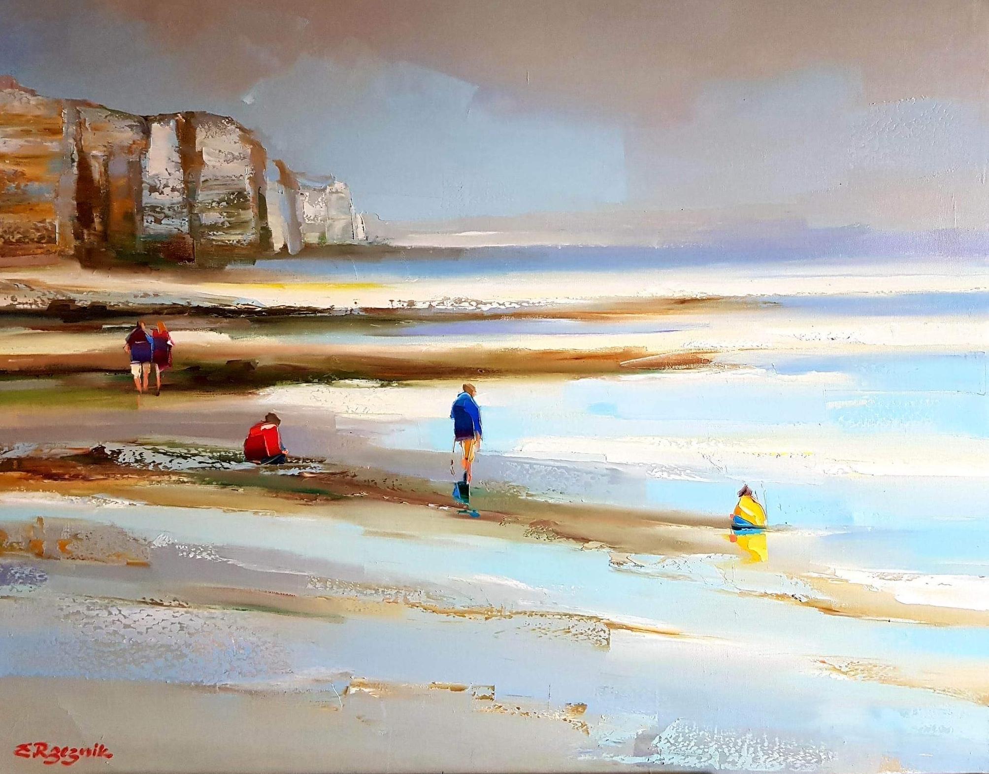 Figurative Painting Ewa Rzeznik - ''Falaises'' Peinture à l'huile contemporaine de personnes sur une plage française