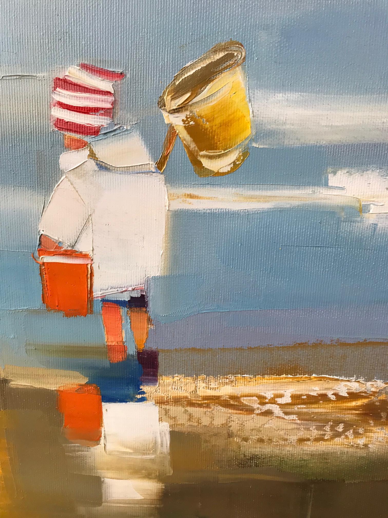 Peinture à l'huile contemporaine « In the Surf » représentant des enfants jouant sur la plage - Painting de Ewa Rzeznik