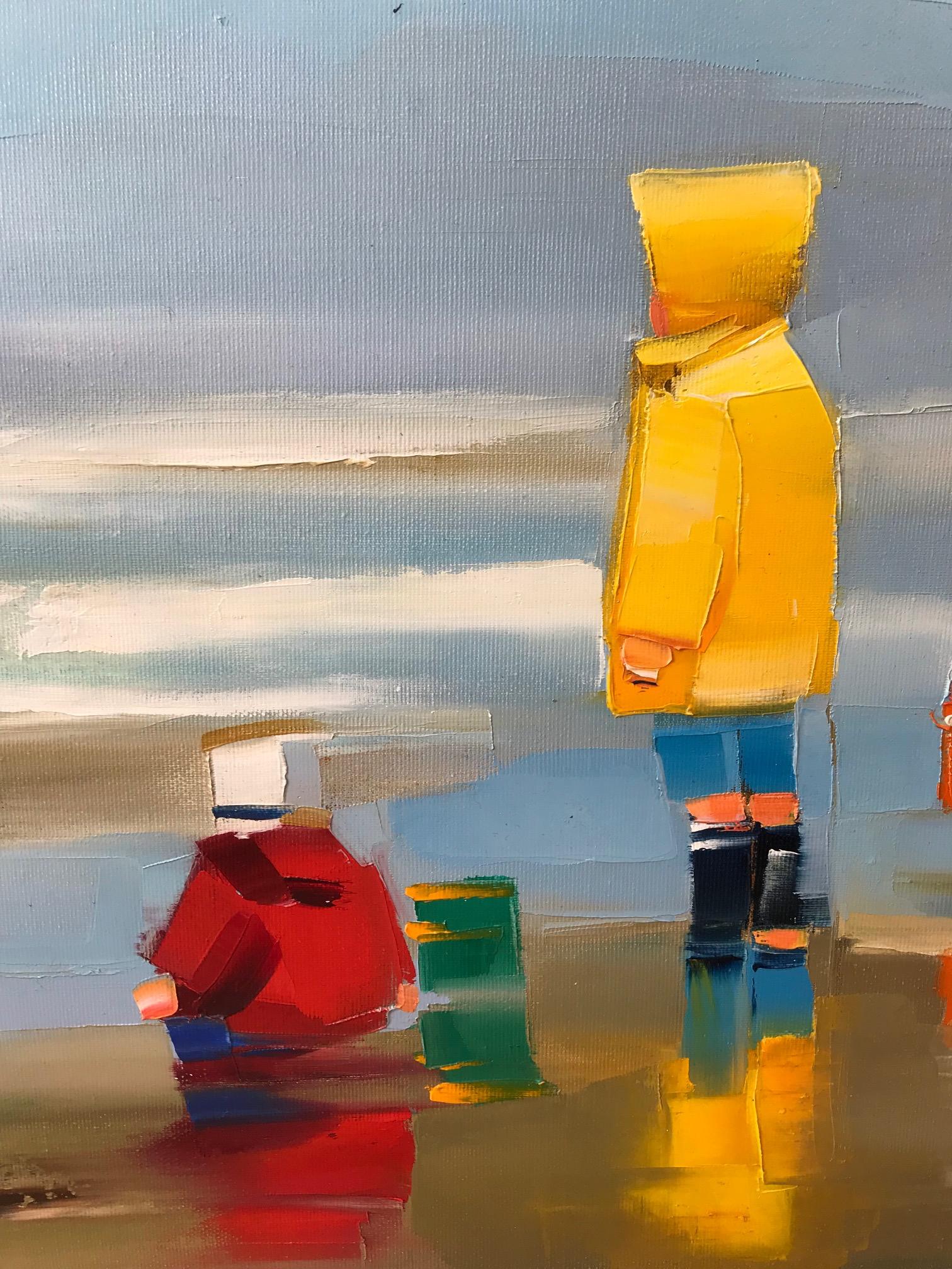 Peinture à l'huile contemporaine « In the Surf » représentant des enfants jouant sur la plage - Contemporain Painting par Ewa Rzeznik