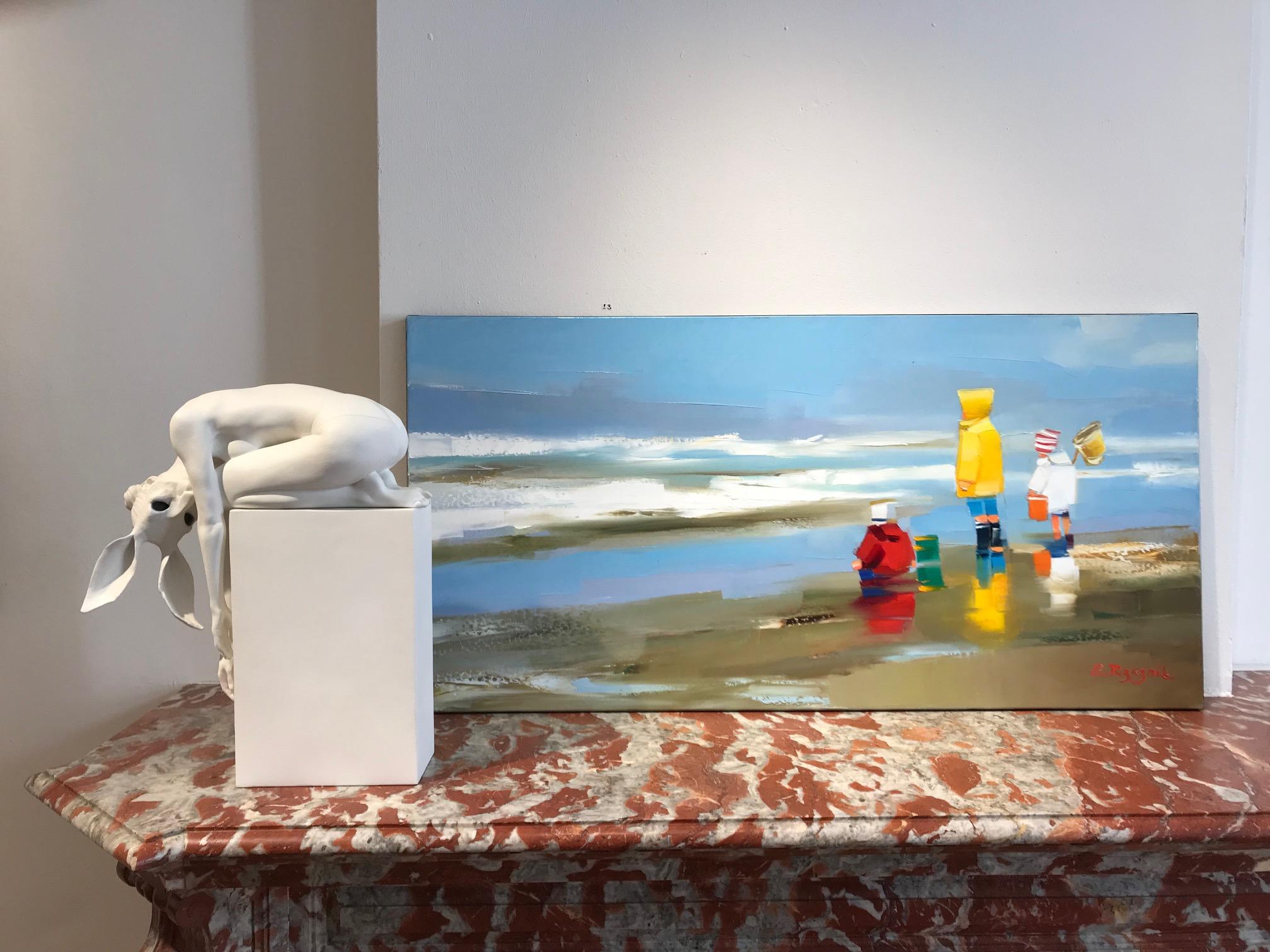 Peinture à l'huile contemporaine « In the Surf » représentant des enfants jouant sur la plage en vente 2