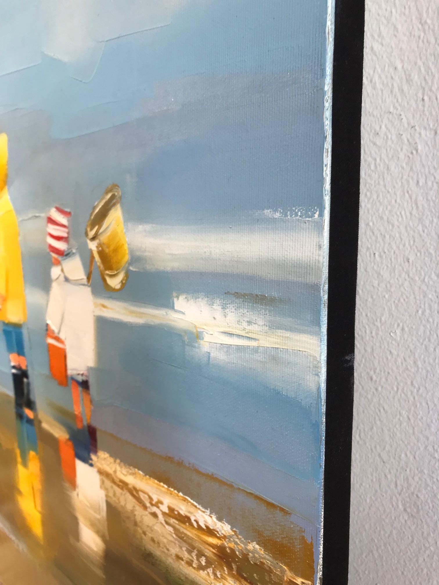 ''In the Surf'' Pittura a olio contemporanea di bambini che giocano sulla spiaggia 3