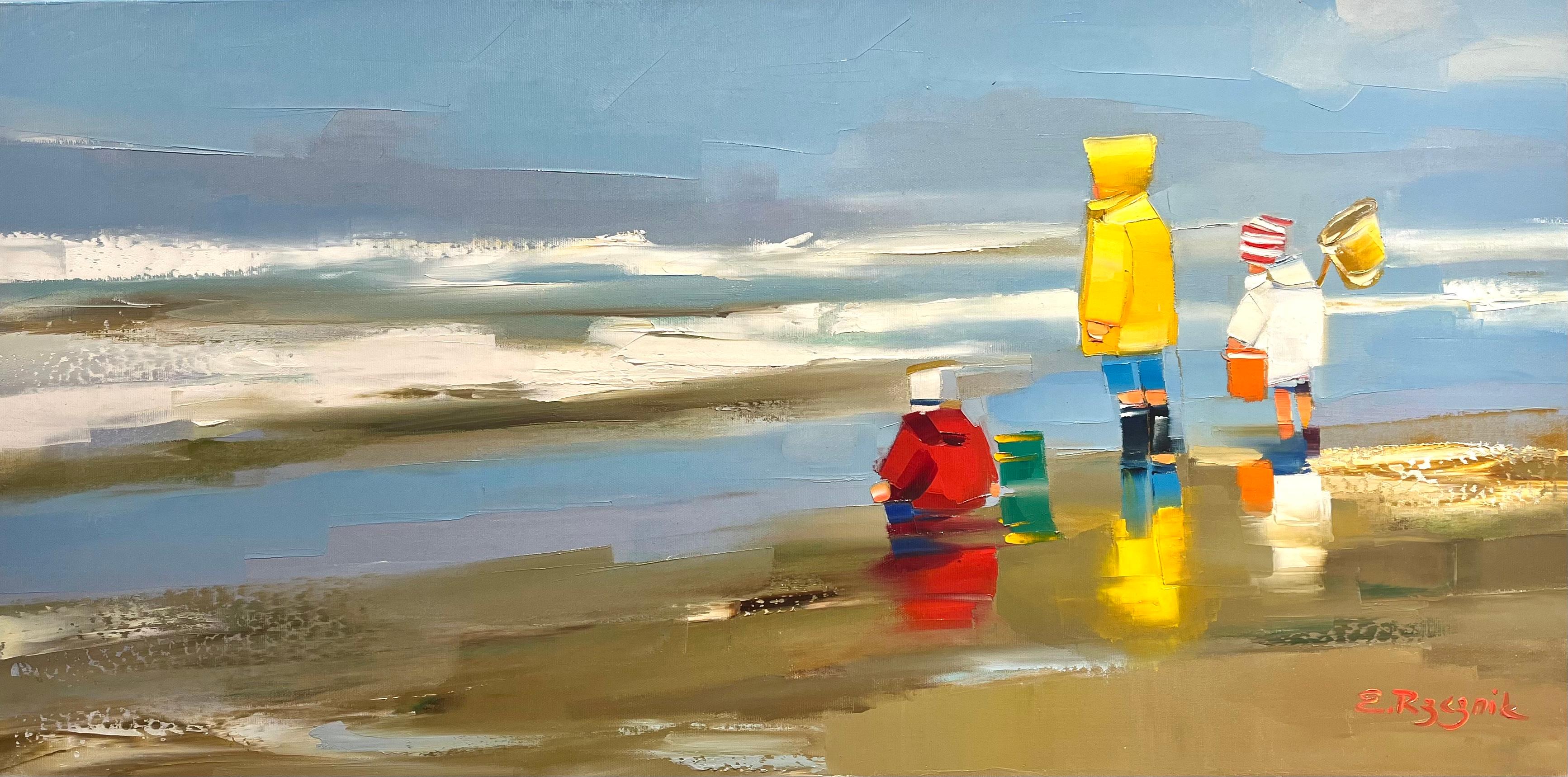 Figurative Painting Ewa Rzeznik - Peinture à l'huile contemporaine « In the Surf » représentant des enfants jouant sur la plage