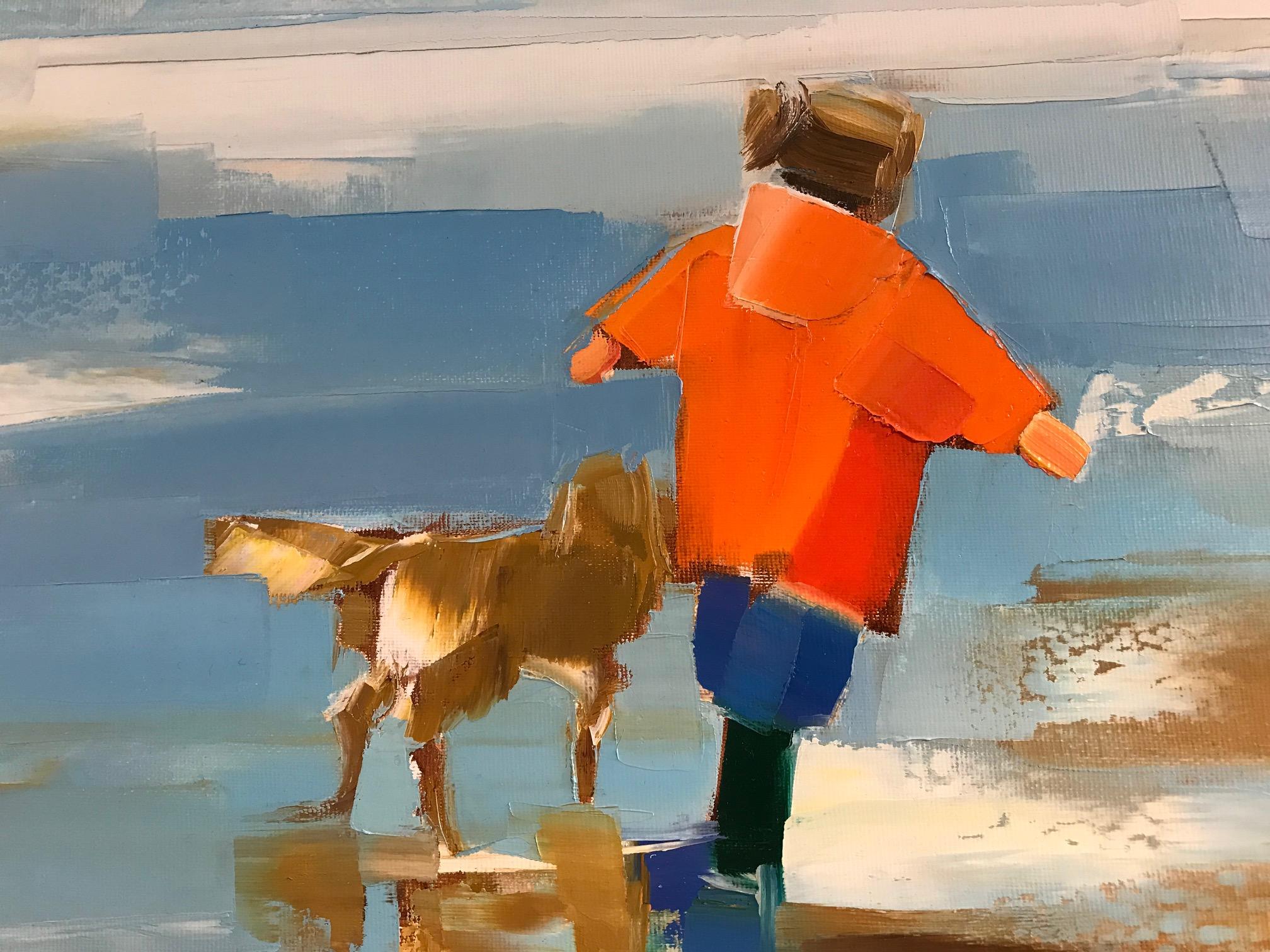 ''Jeux D'enfants'' Contemporary Oil Painting of Children playing on a Beach, Dog 1