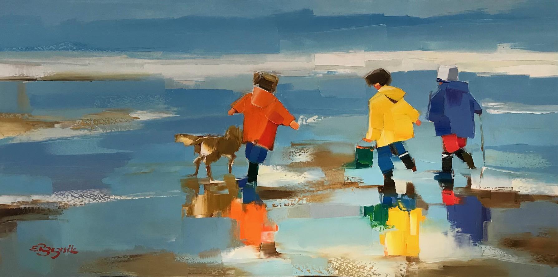 Ewa Rzeznik Figurative Painting - ''Jeux D'enfants'' Contemporary Oil Painting of Children playing on a Beach, Dog