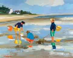 ''La Cote D'Emeraude'' Contemporary Beach Oil Painting of Children Playing