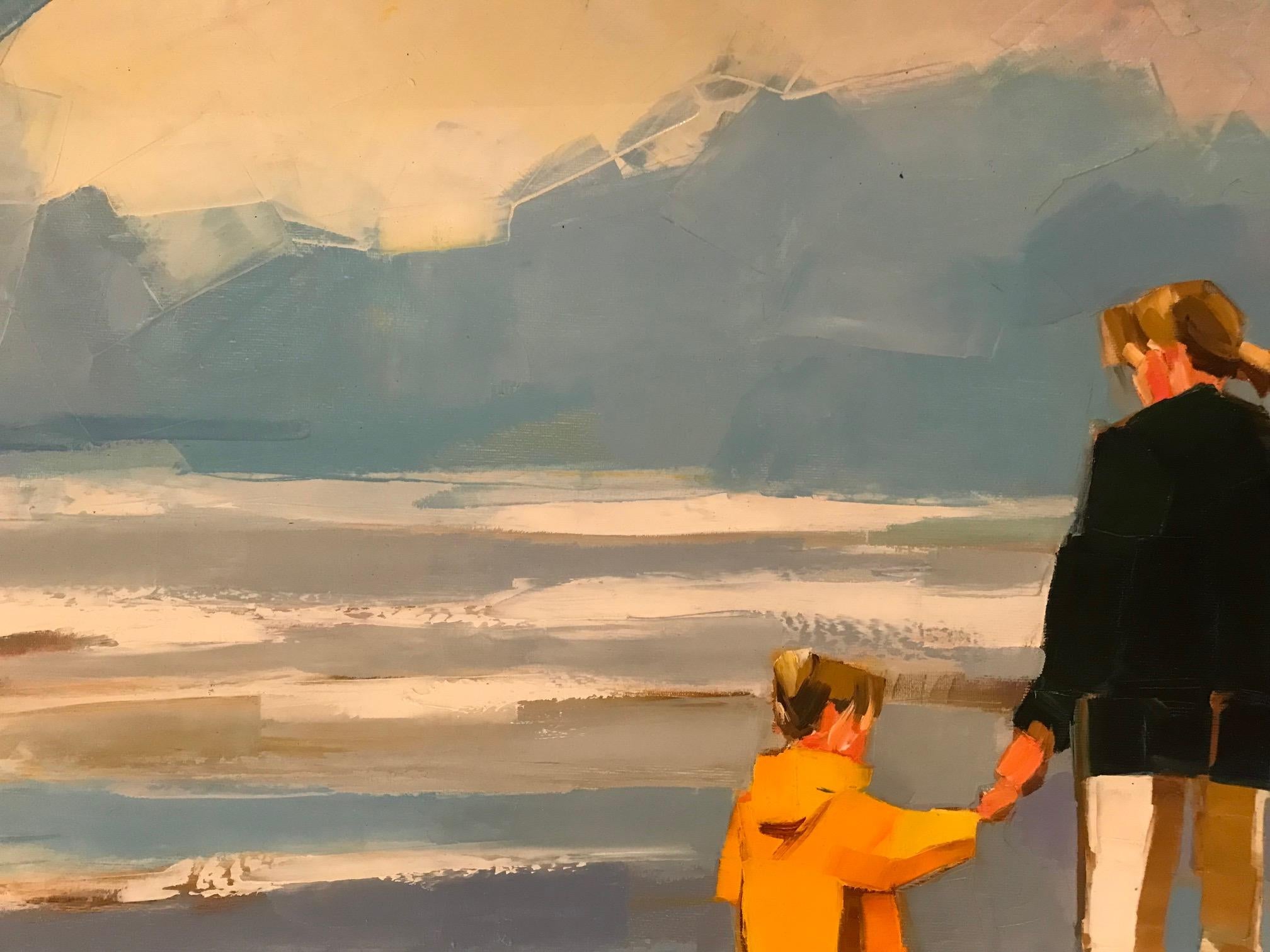 ''La Cote Fleurie'' Contemporary Colorful Beach Oil Painting of Mother and Son  - Gray Figurative Painting by Ewa Rzeznik