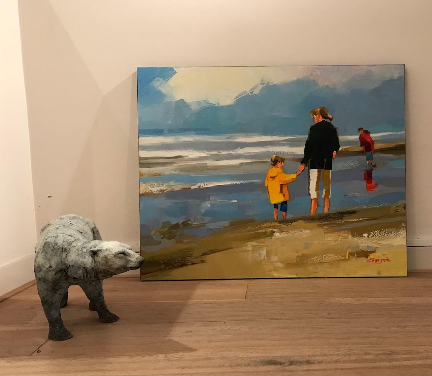 ''La Cote Fleurie'' Peinture à l'huile contemporaine d'une mère et son fils sur une plage colorée 2