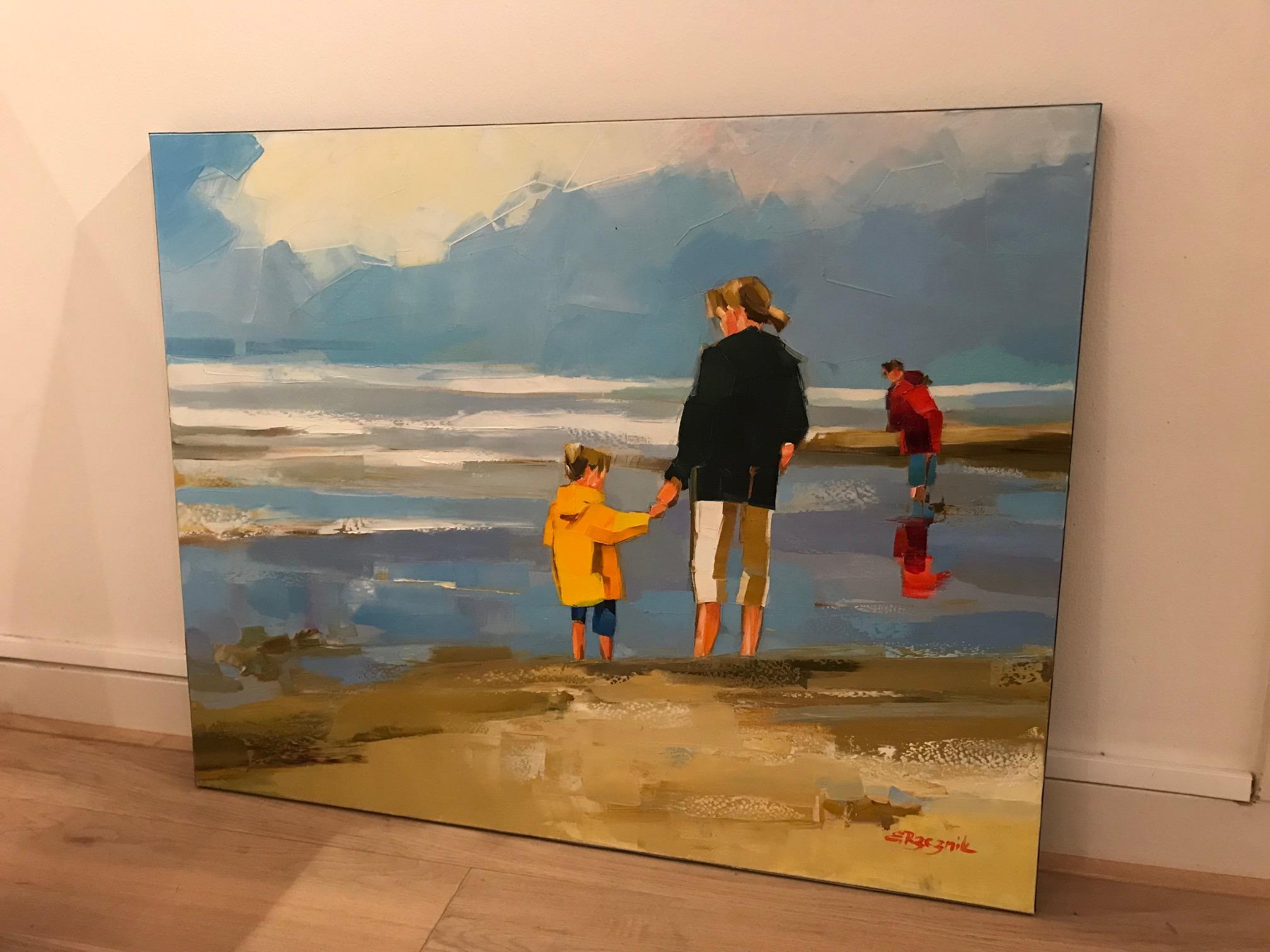''La Cote Fleurie'' Contemporary Colorful Beach Oil Painting of Mother and Son  2