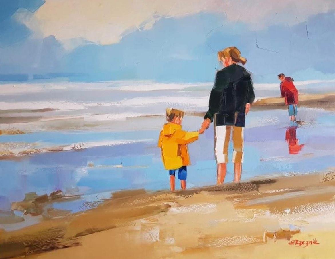 Ewa Rzeznik Figurative Painting - ''La Cote Fleurie'' Contemporary Colorful Beach Oil Painting of Mother and Son 