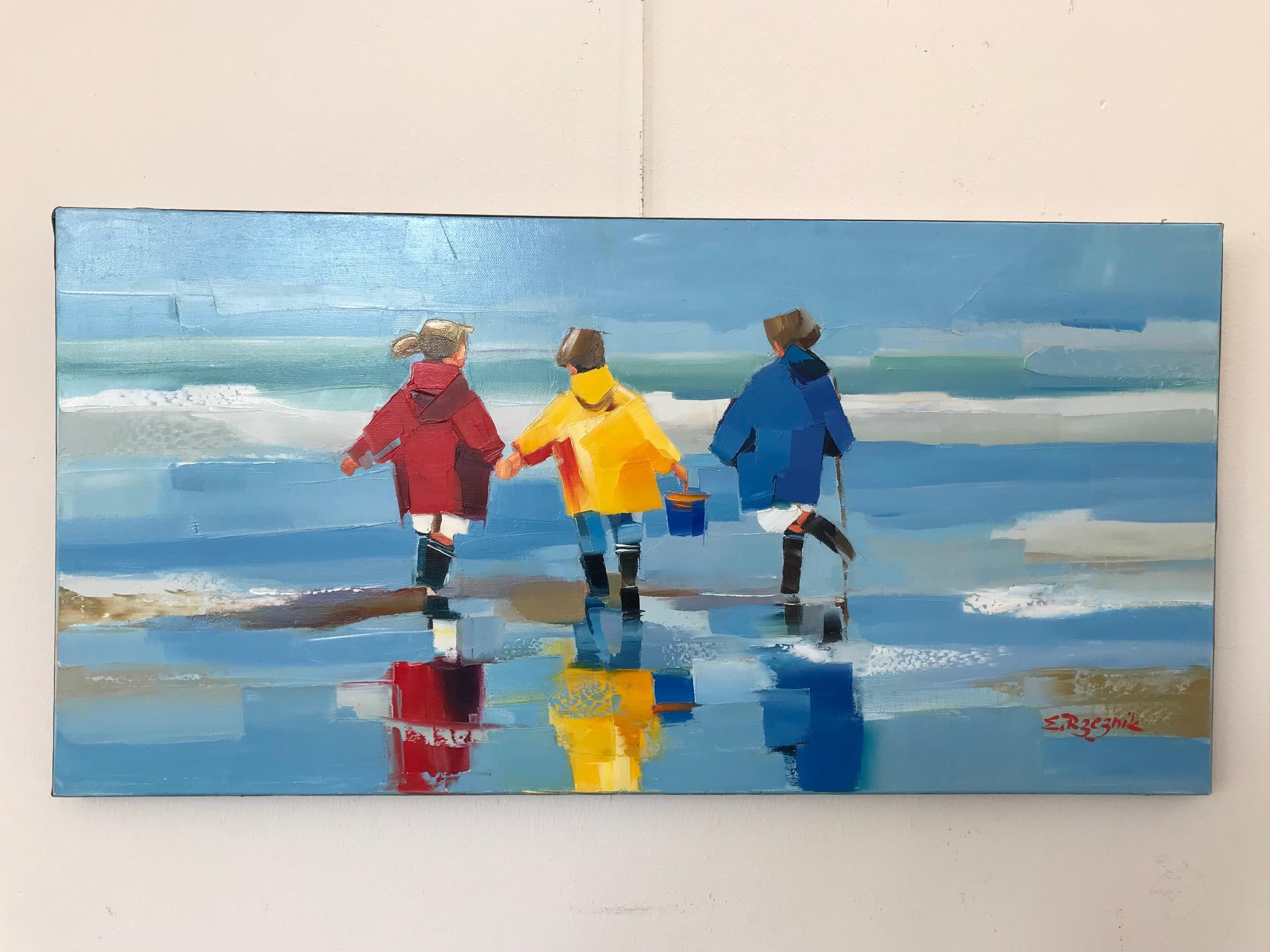 ''La Fratrie'' Contemporary Oil Painting of Three Children on the Beach 4