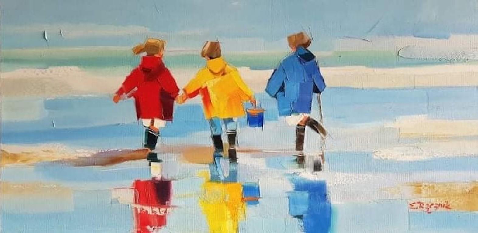 Ewa Rzeznik Figurative Painting - ''La Fratrie'' Contemporary Oil Painting of Three Children on the Beach