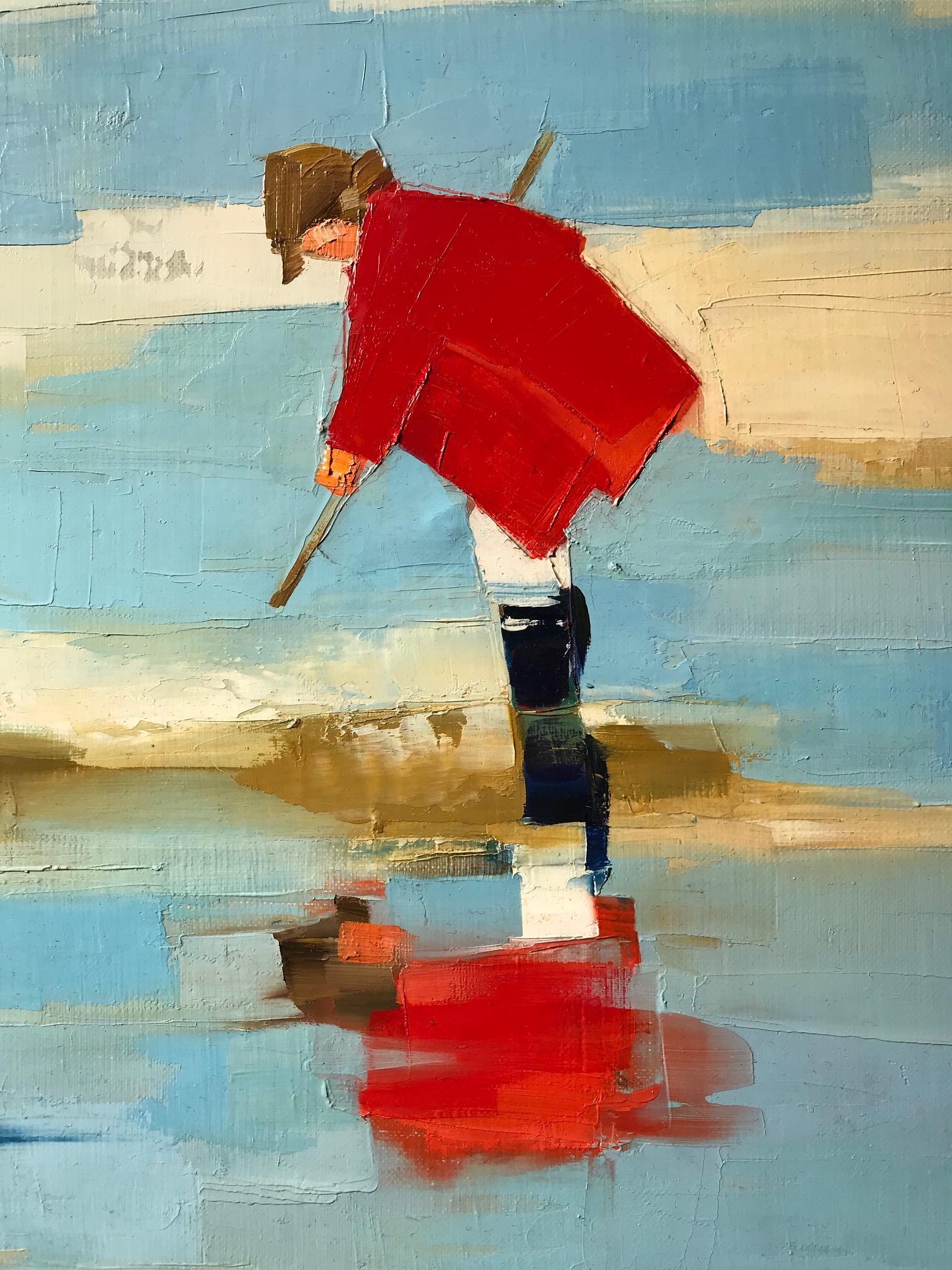 ''La Peche A Pied'' Peinture à l'huile contemporaine de parents et enfants sur une plage - Painting de Ewa Rzeznik