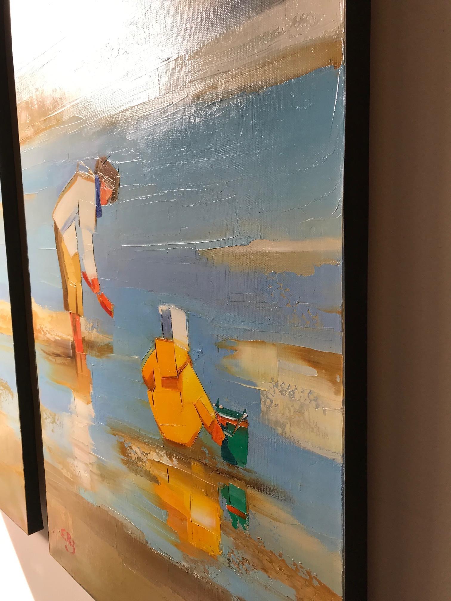 L'artiste polonaise Ewa Rzeznik reflète la réalité dans ses peintures colorées : Des pêcheurs le long de la côte française, des familles marchant vers le Mon Saint-Michel, des enfants jouant dans les vagues. L'utilisation de couleurs vives, presque