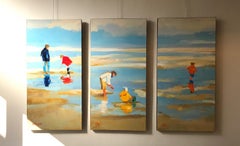 ''La Peche A Pied'' Peinture à l'huile contemporaine de parents et enfants sur une plage
