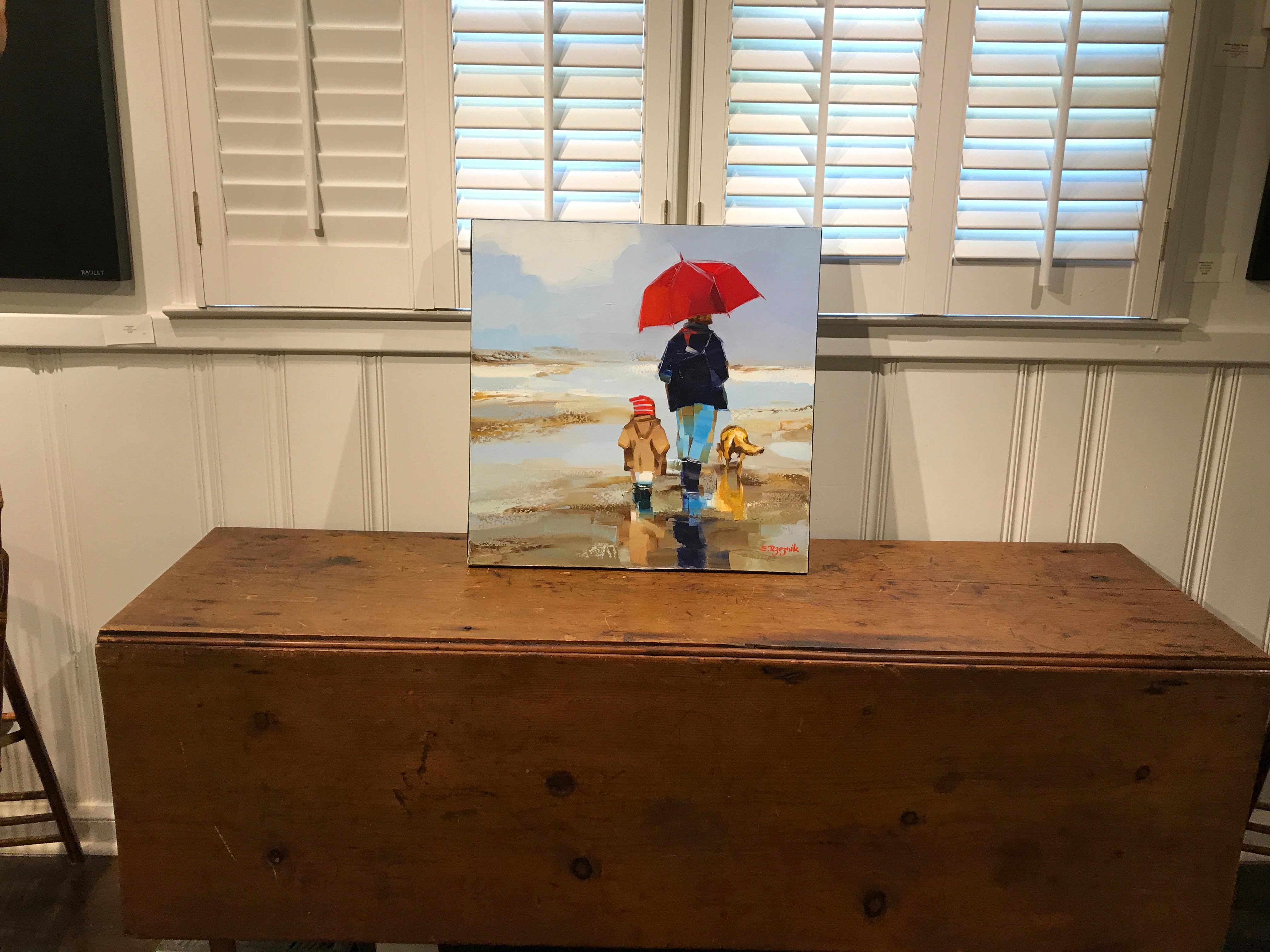 'Le Parapluie et le Chien' is a small size Impressionist beach painting of square format created by Polish-born artist Ewa Rzeznik in 2014. Featuring an exquisite scene set on a French beach, the painting draws its title from the dog, obediently