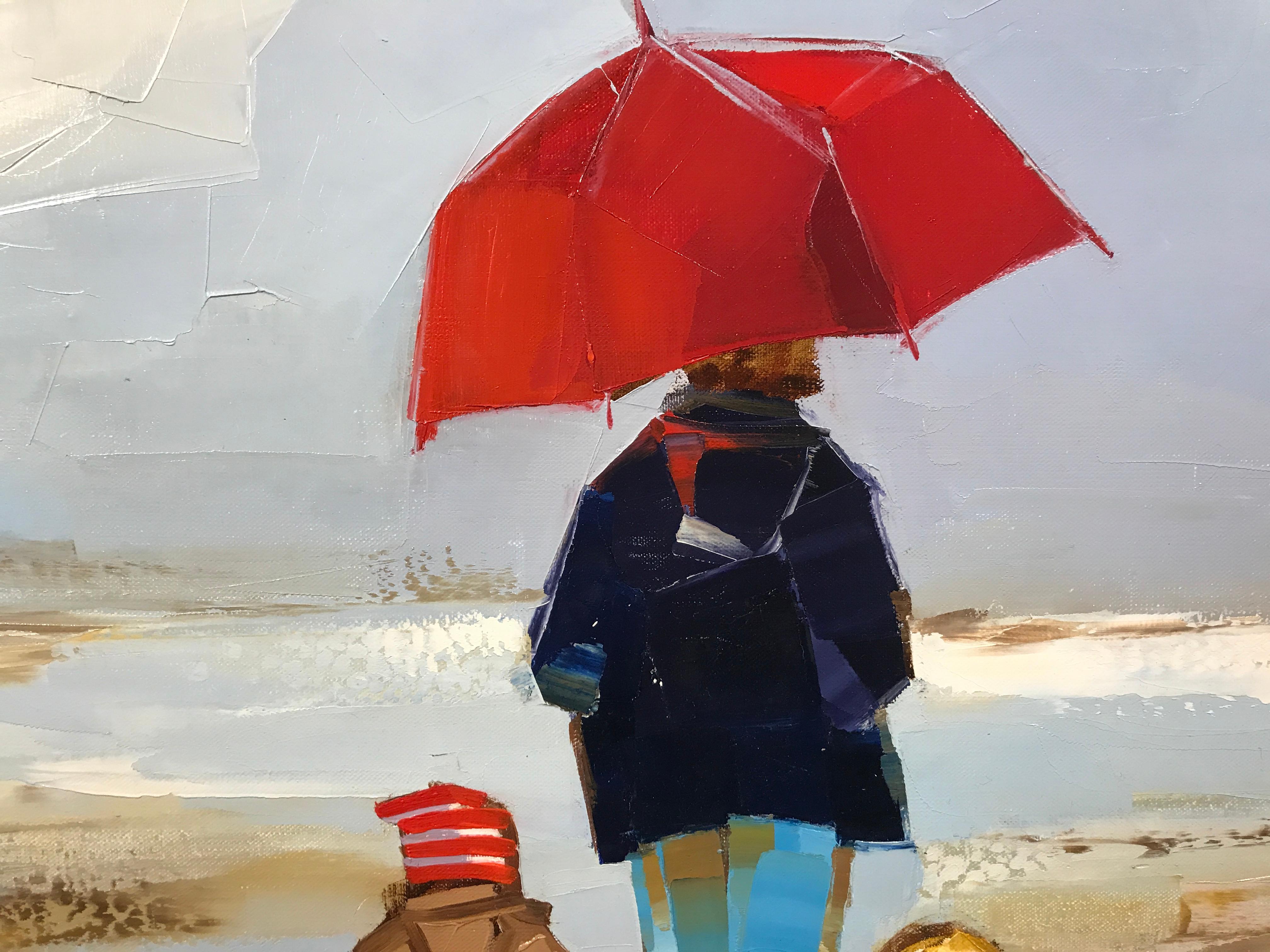 Le Parapluie et le Chien by Ewa Rzeznik, Small Figurative Beach Oil Painting 3