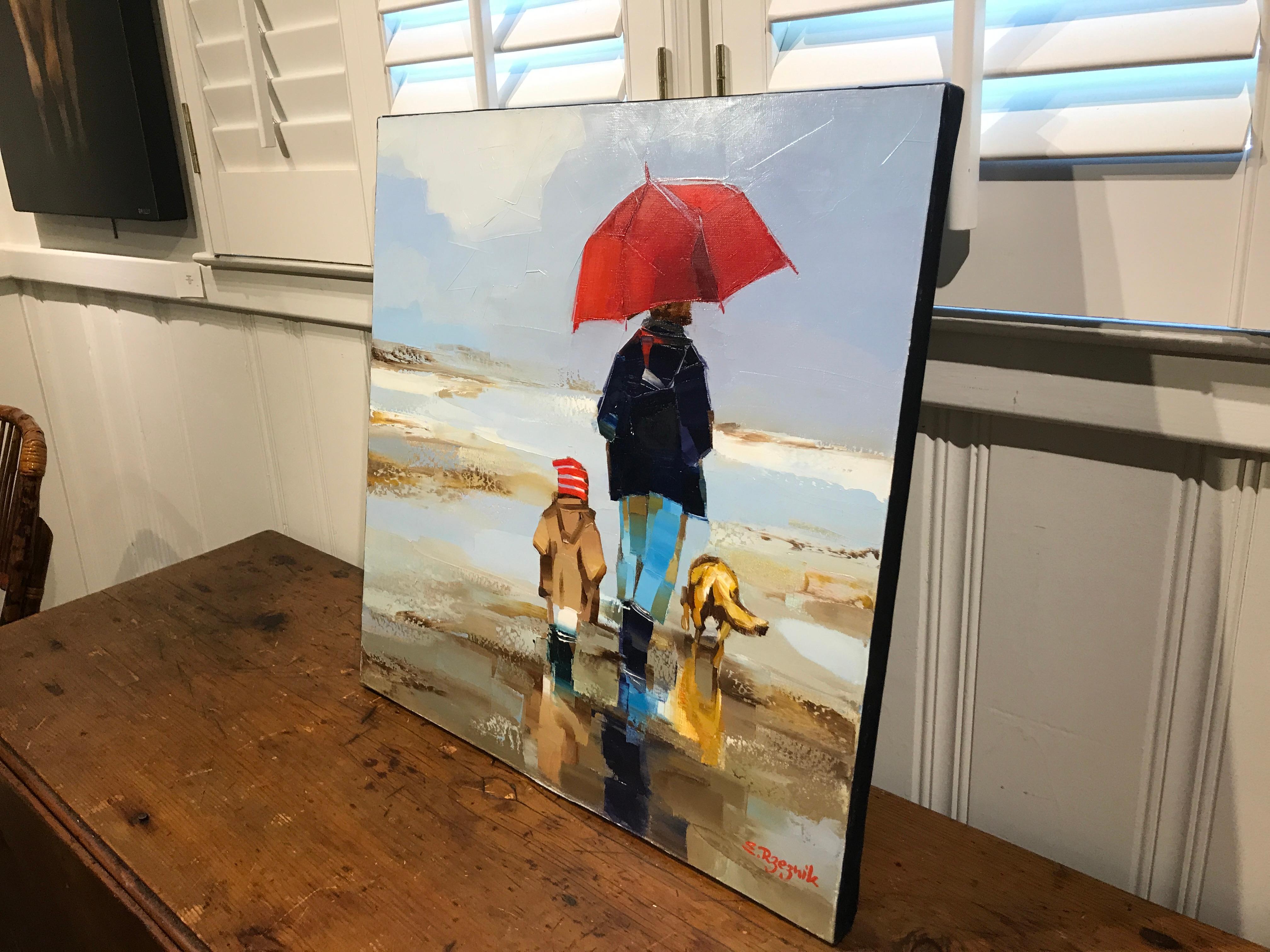 Le Parapluie et le Chien by Ewa Rzeznik, Small Figurative Beach Oil Painting 6