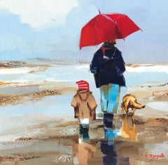 Le Parapluie et le Chien by Ewa Rzeznik, Small Figurative Beach Oil Painting