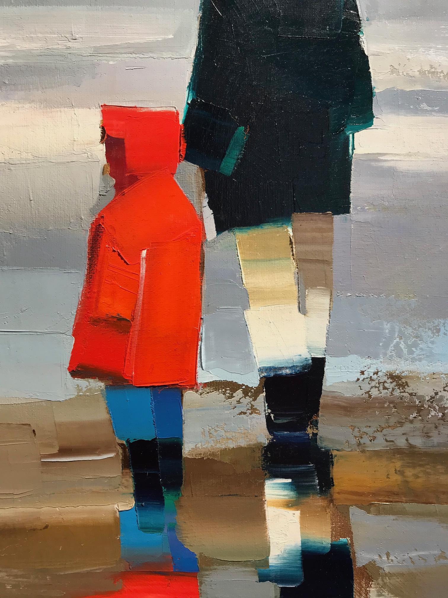 ''Le Parapluie Rouge'' Contemporary Oil Painting of Family with Dog on the Beach 1