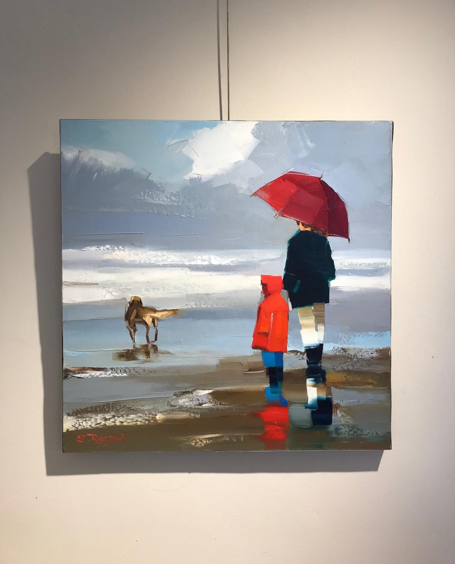 ''Le Parapluie Rouge'' Contemporary Oil Painting of Family with Dog on the Beach 4