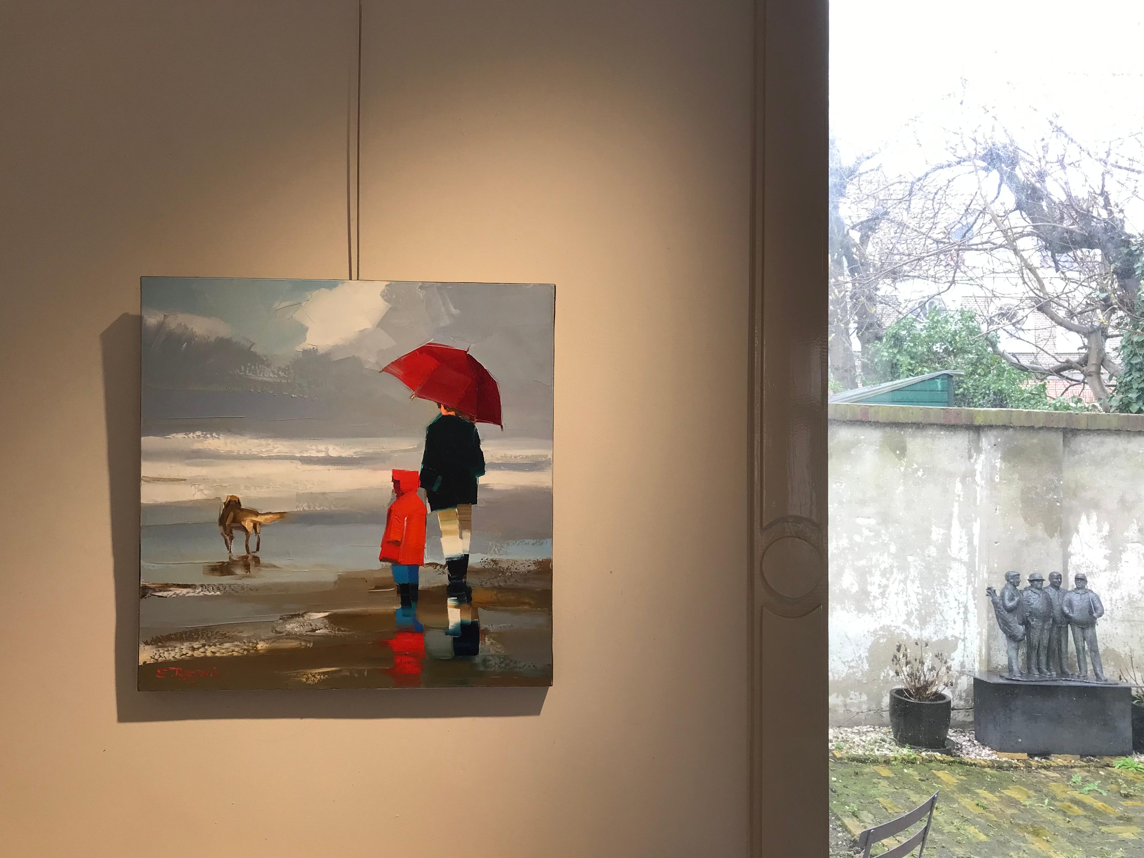 ''Le Parapluie Rouge'' Contemporary Oil Painting of Family with Dog on the Beach 6
