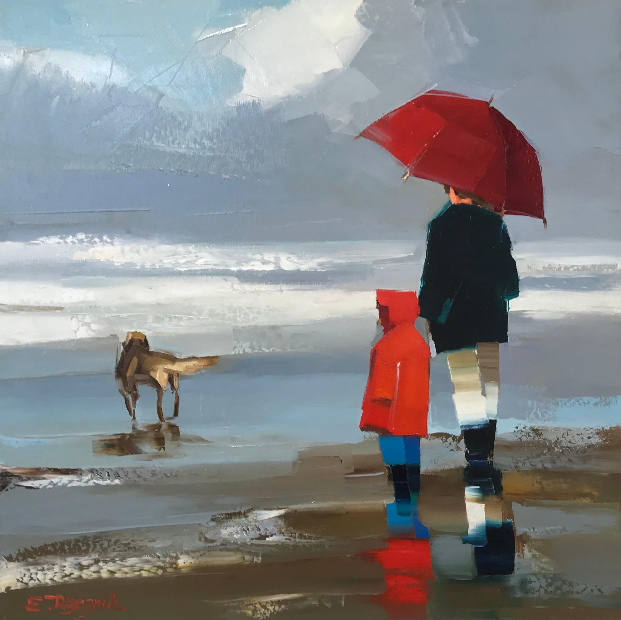 Ewa Rzeznik Figurative Painting - ''Le Parapluie Rouge'' Contemporary Oil Painting of Family with Dog on the Beach