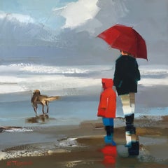 « Le Parapluie Rouge » - Peinture à l'huile contemporaine d'une famille avec chien sur la plage