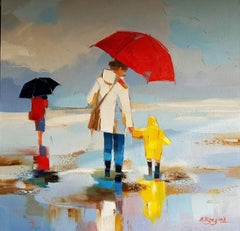 ''Le Parapluie Rouge'' Contemporary Oil Painting of Mother and Child on Beach