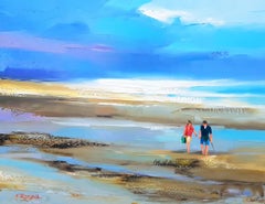 Peinture à l'huile contemporaine « Les Moreux », marche sur la plage