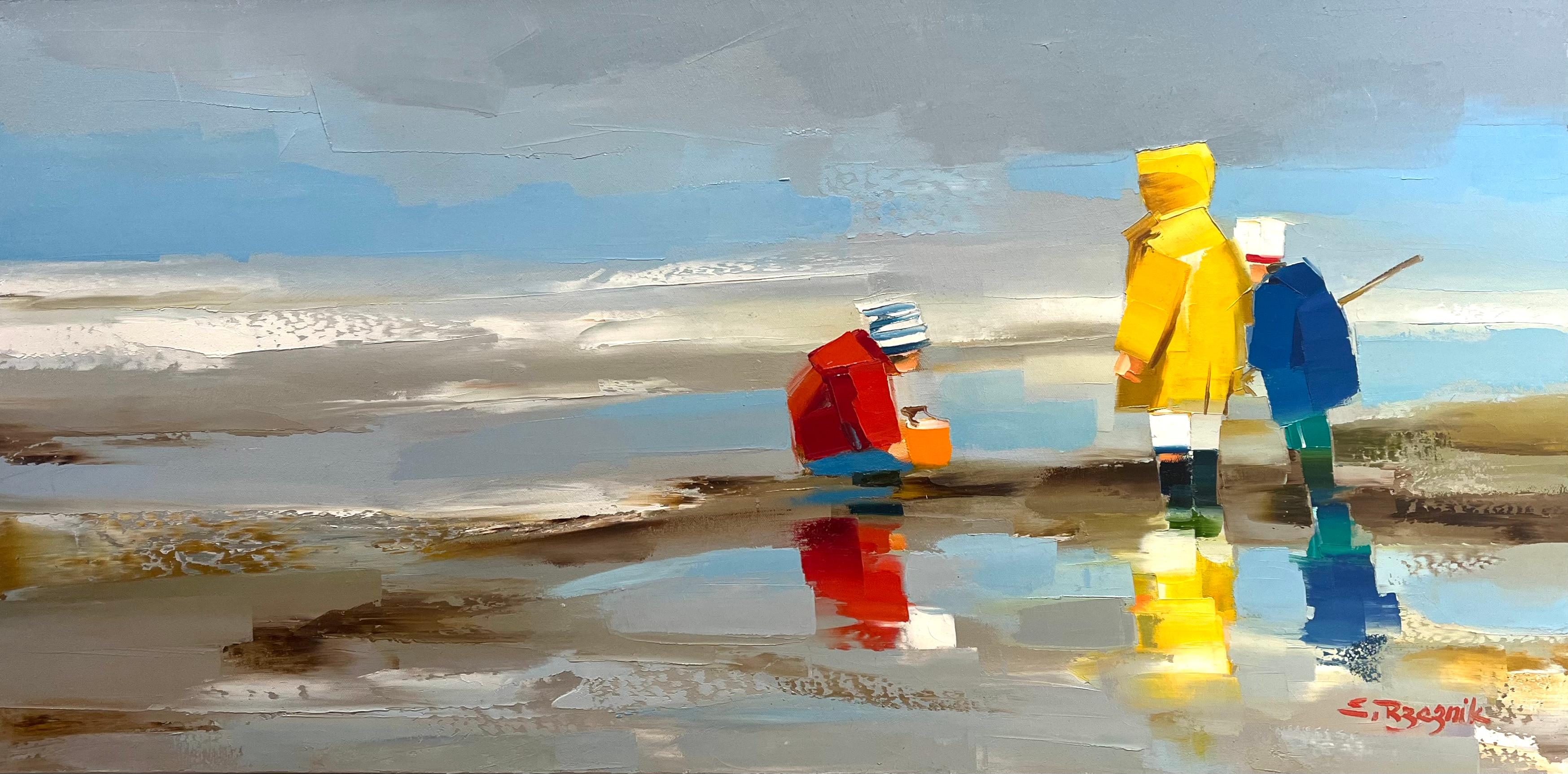 Figurative Painting Ewa Rzeznik - « Looking for Seashells » - Peinture à l'huile contemporaine d'enfants sur la plage