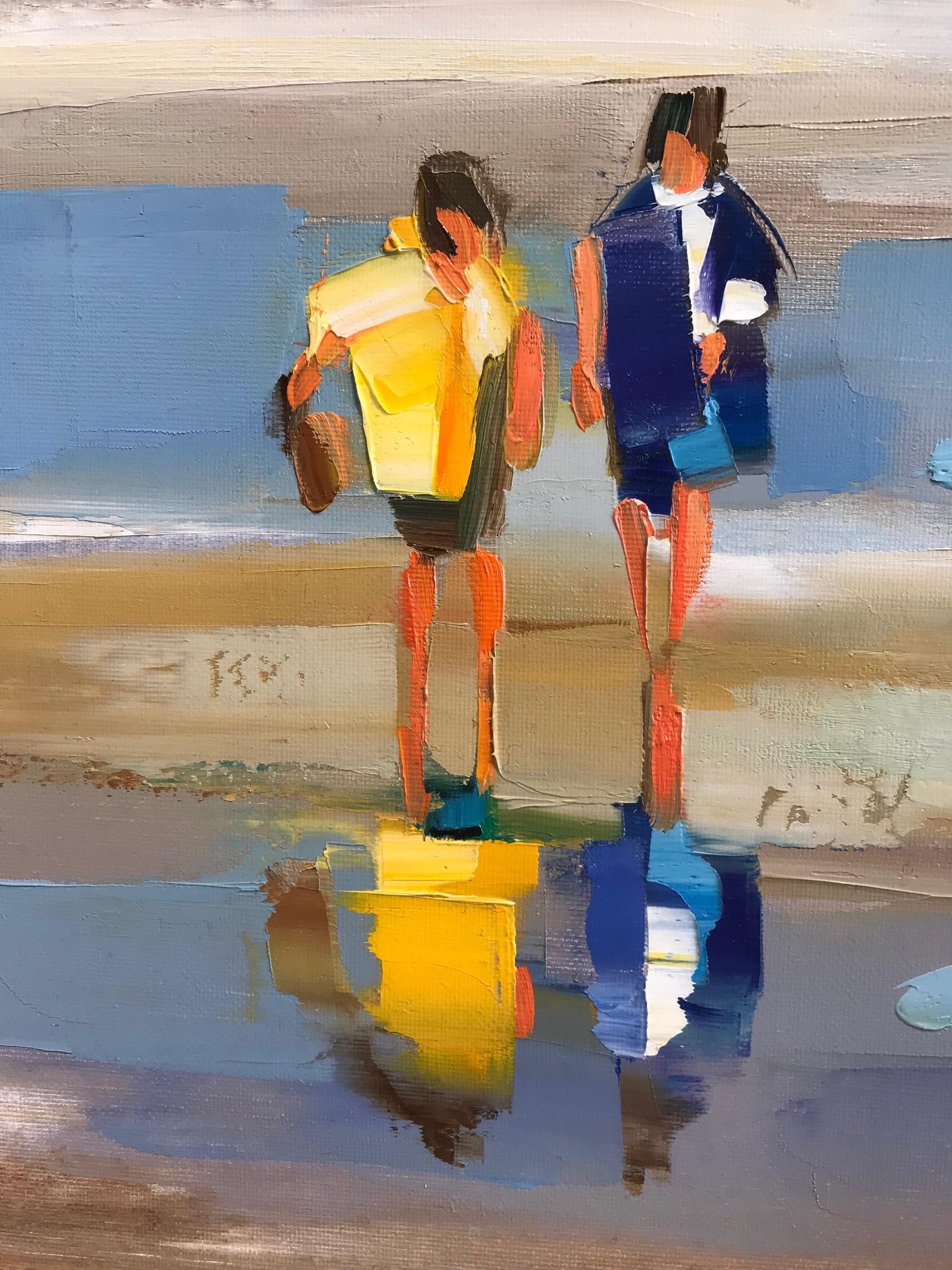 ''Marée Basse'' Contemporary Oil Painting of People on a French Beach, Dog - Gray Figurative Painting by Ewa Rzeznik
