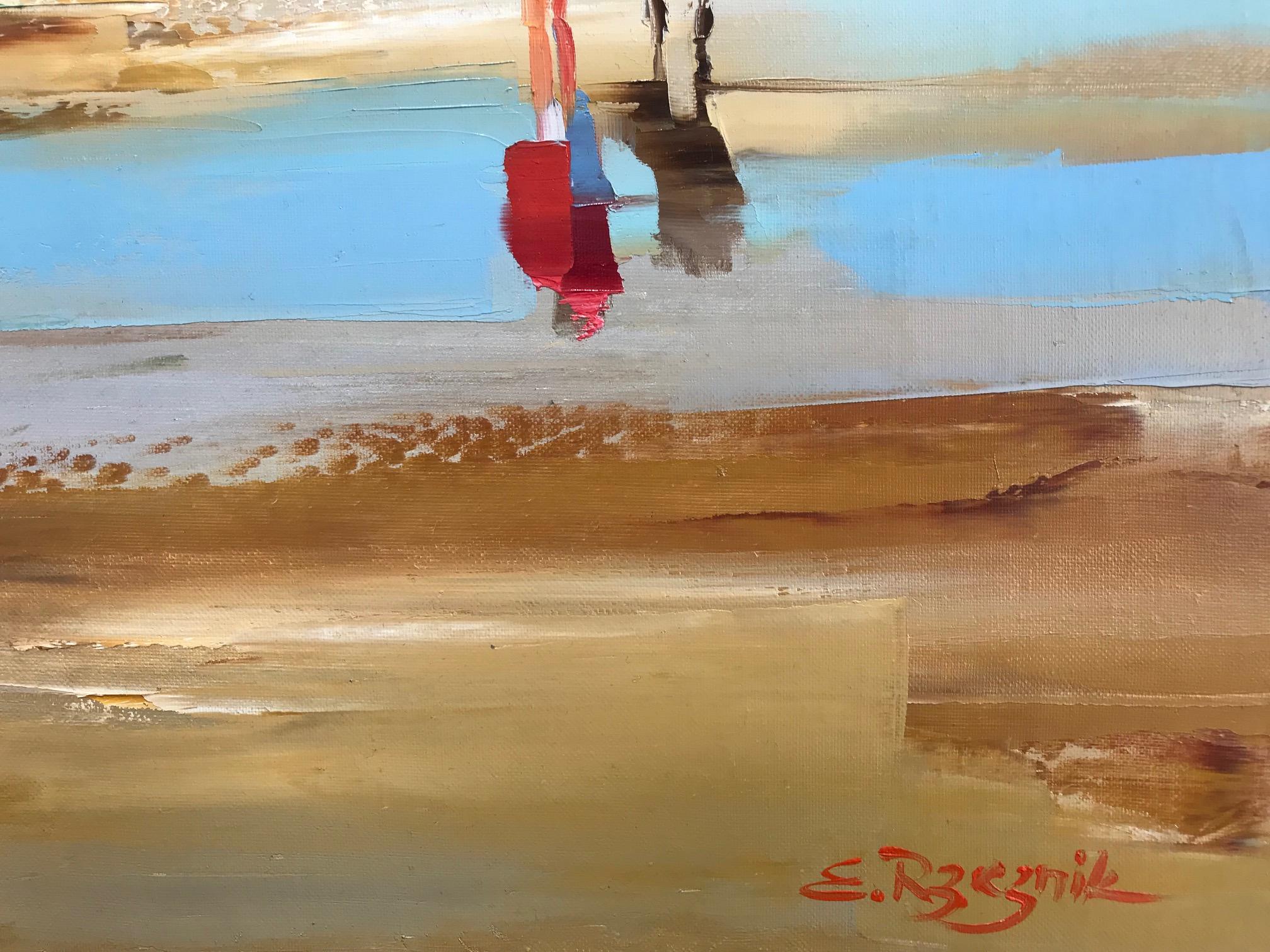 ''Marée Basse'' Contemporary Oil Painting of People on a French Beach, Dog For Sale 2