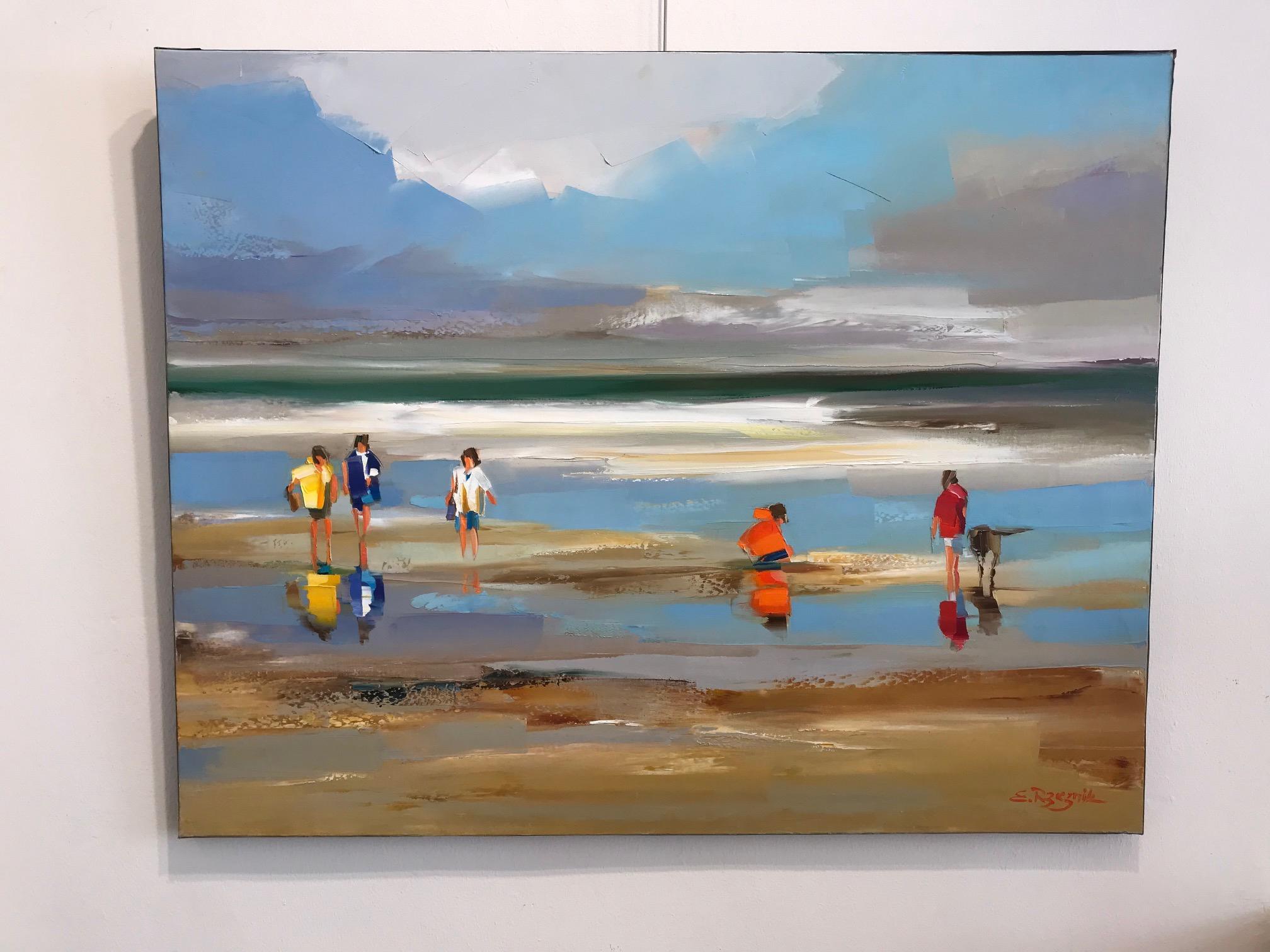 ''Marée Basse'' Contemporary Oil Painting of People on a French Beach, Dog For Sale 3