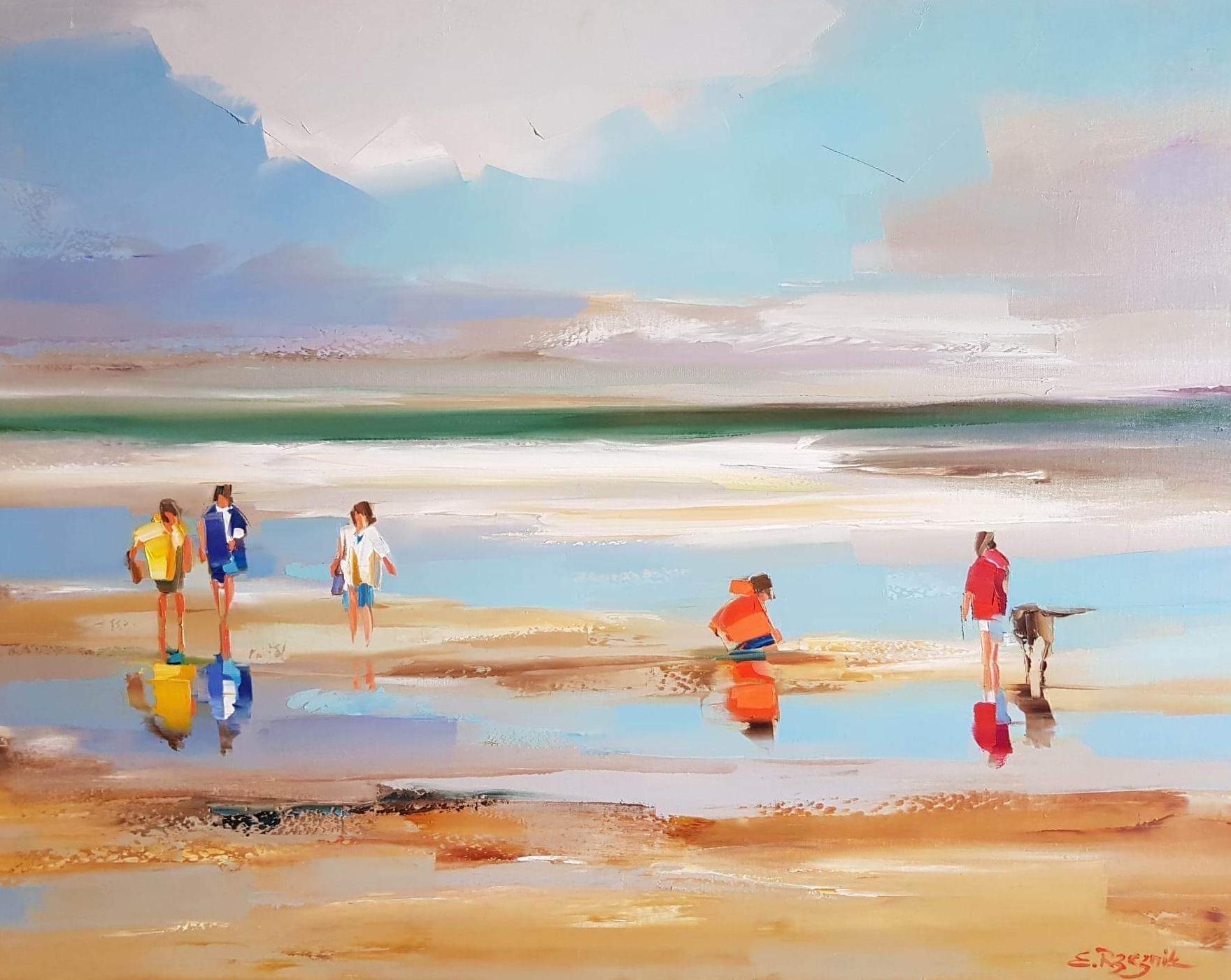 Ewa Rzeznik Figurative Painting - ''Marée Basse'' Contemporary Oil Painting of People on a French Beach, Dog