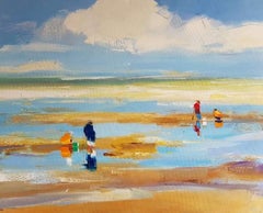 Peinture à l'huile contemporaine « Mare Basse en Bretagne » représentant des personnes sur une plage