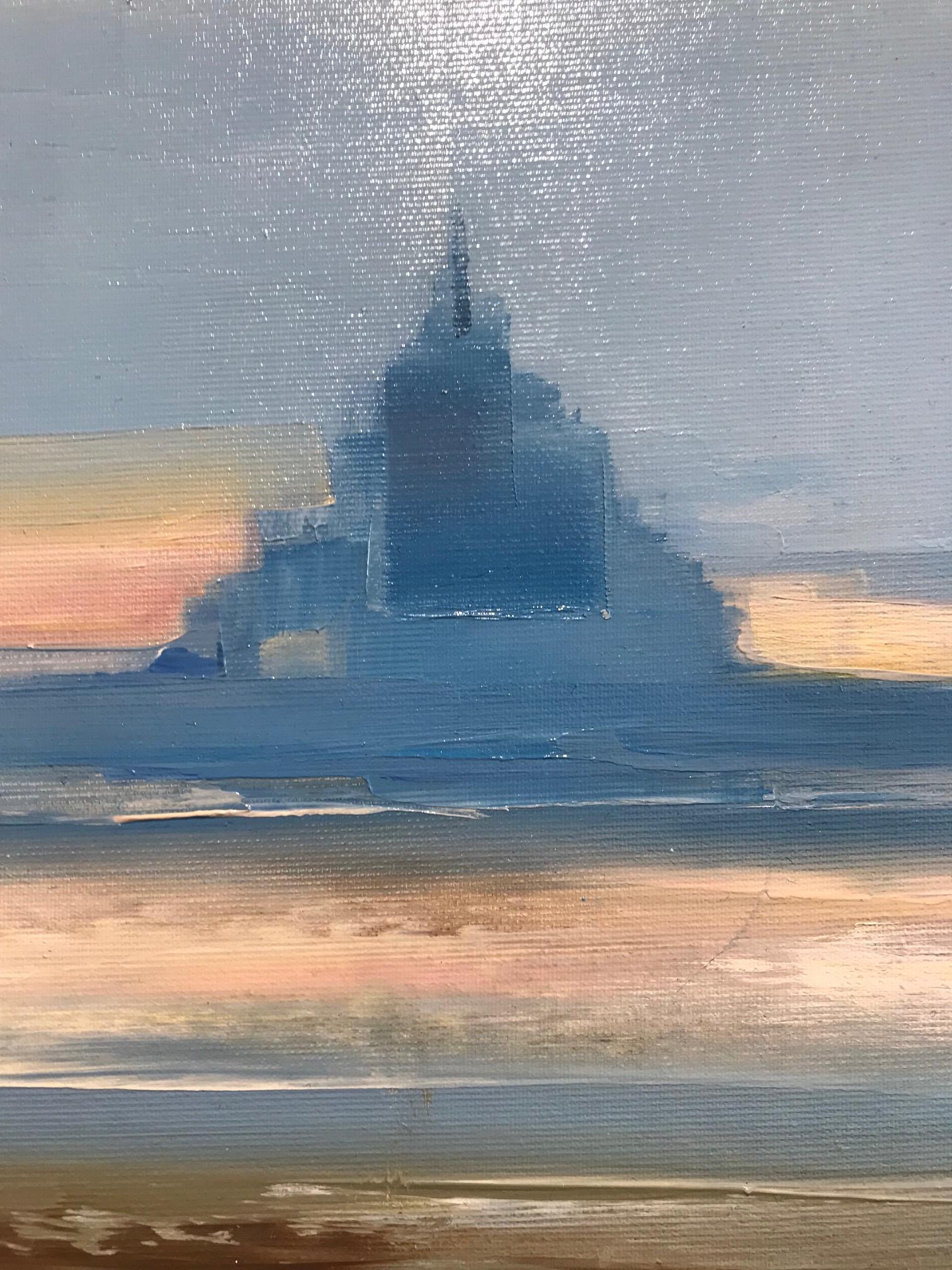 ''Monte Saint-Michel'' Pintura al óleo contemporánea Caminando hacia el Monte Saint-Michel - Figurative Painting Negro de Ewa Rzeznik