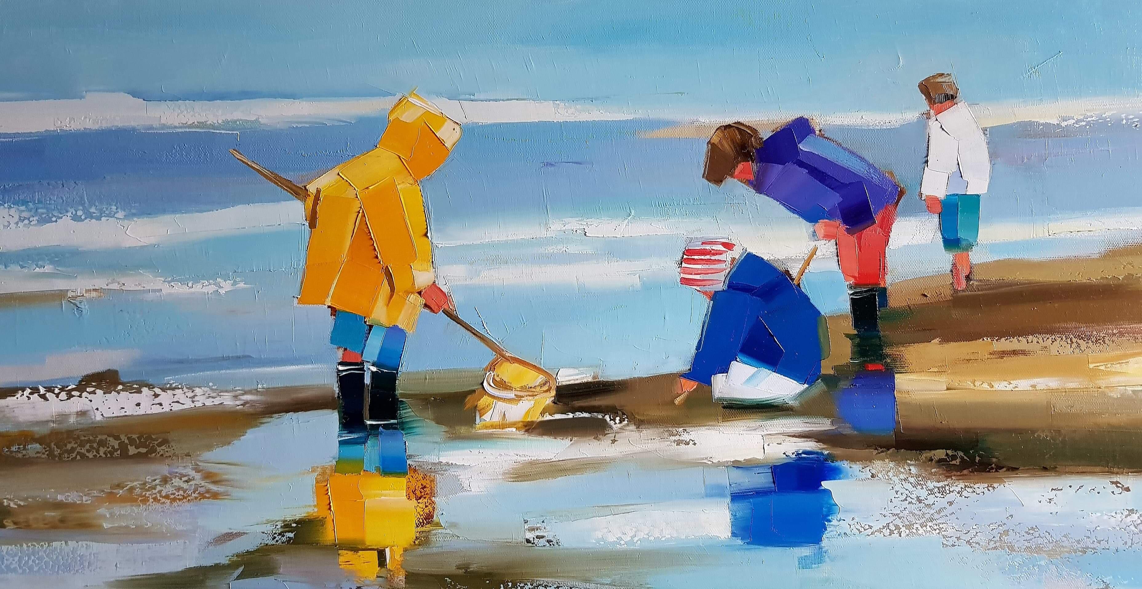 Ewa Rzeznik Figurative Painting - ''Peche a Pied en Famille'' Contemporary Oil Painting of Children on a Beach