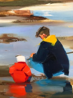 ''Pique Nique a la Mer'' Contemporary Oil Painting of a Family at a French Beach