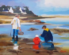 ''Pique Nique a la Mer'' Peinture à l'huile contemporaine d'une famille sur une plage française