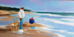 ''Promenade avec le Chien'' Contemporary Painting of Family with Dog on Beach