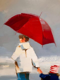 ''Red Umbrella'' Contemporary Oil Painting of a Mother and Child on the Beach