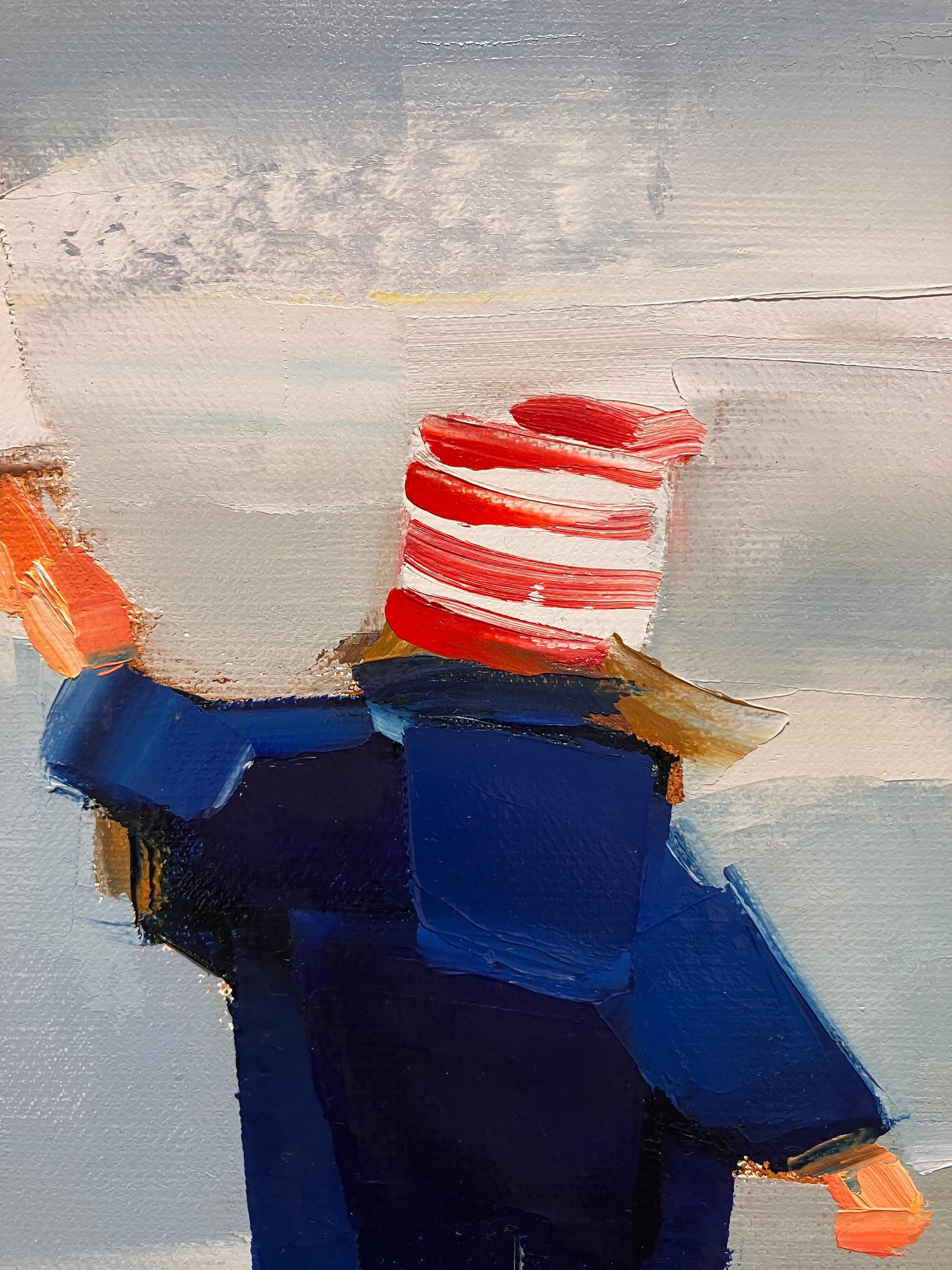 Roter Regenschirm'' Zeitgenössisches Ölgemälde einer Mutter mit Kind am Strand (Grau), Figurative Painting, von Ewa Rzeznik