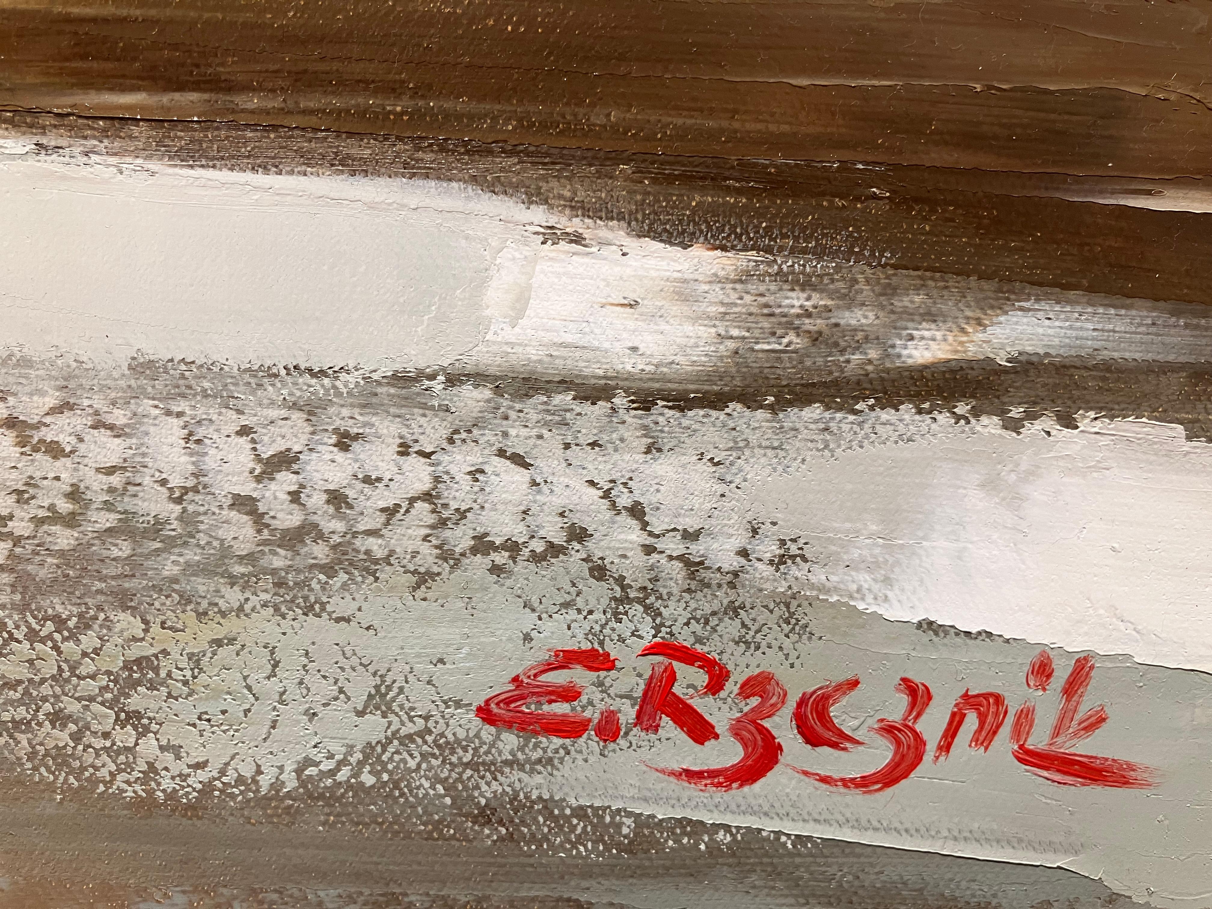 Roter Regenschirm'' Zeitgenössisches Ölgemälde einer Mutter mit Kind am Strand im Angebot 1