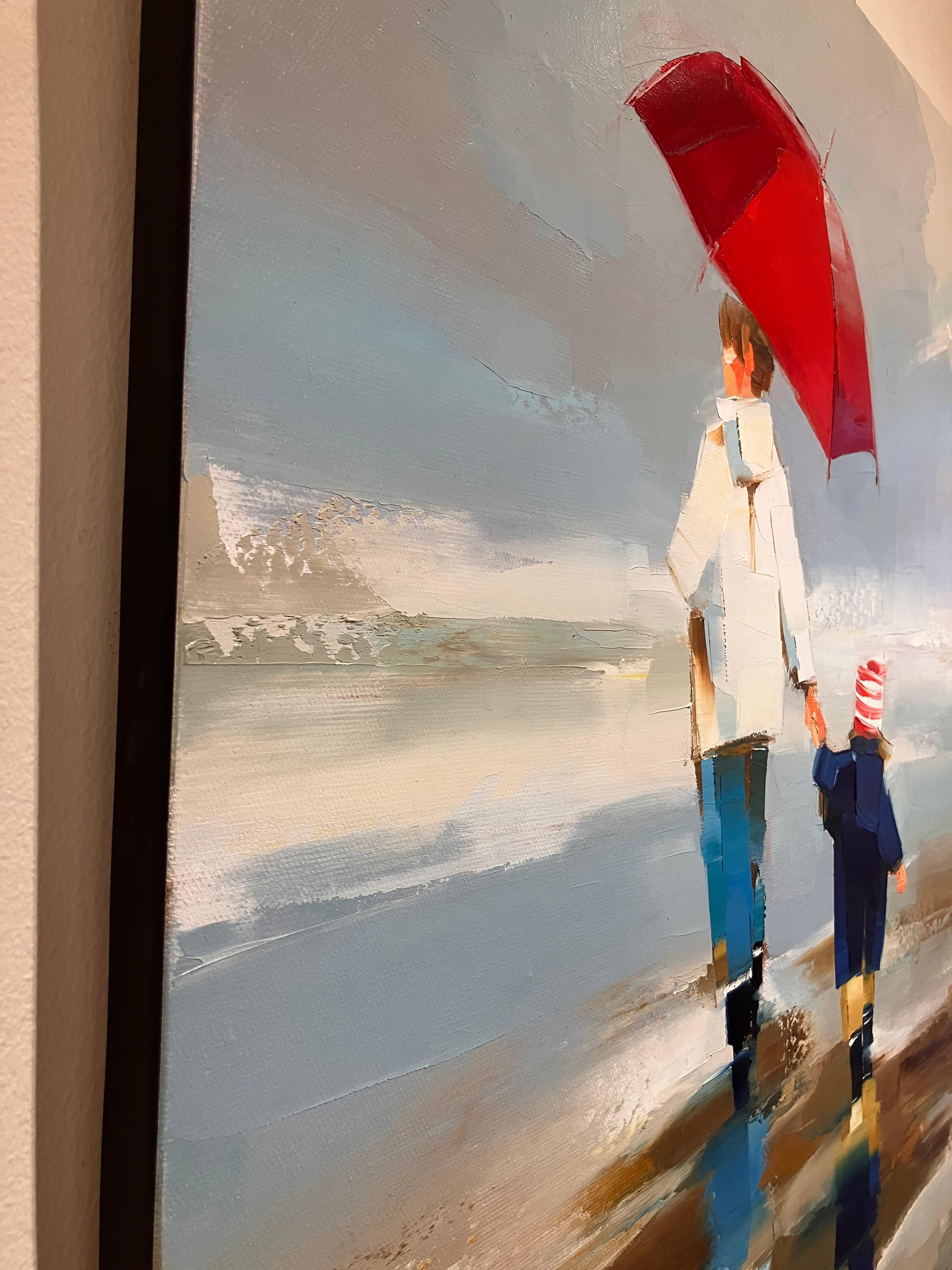 Roter Regenschirm'' Zeitgenössisches Ölgemälde einer Mutter mit Kind am Strand im Angebot 2