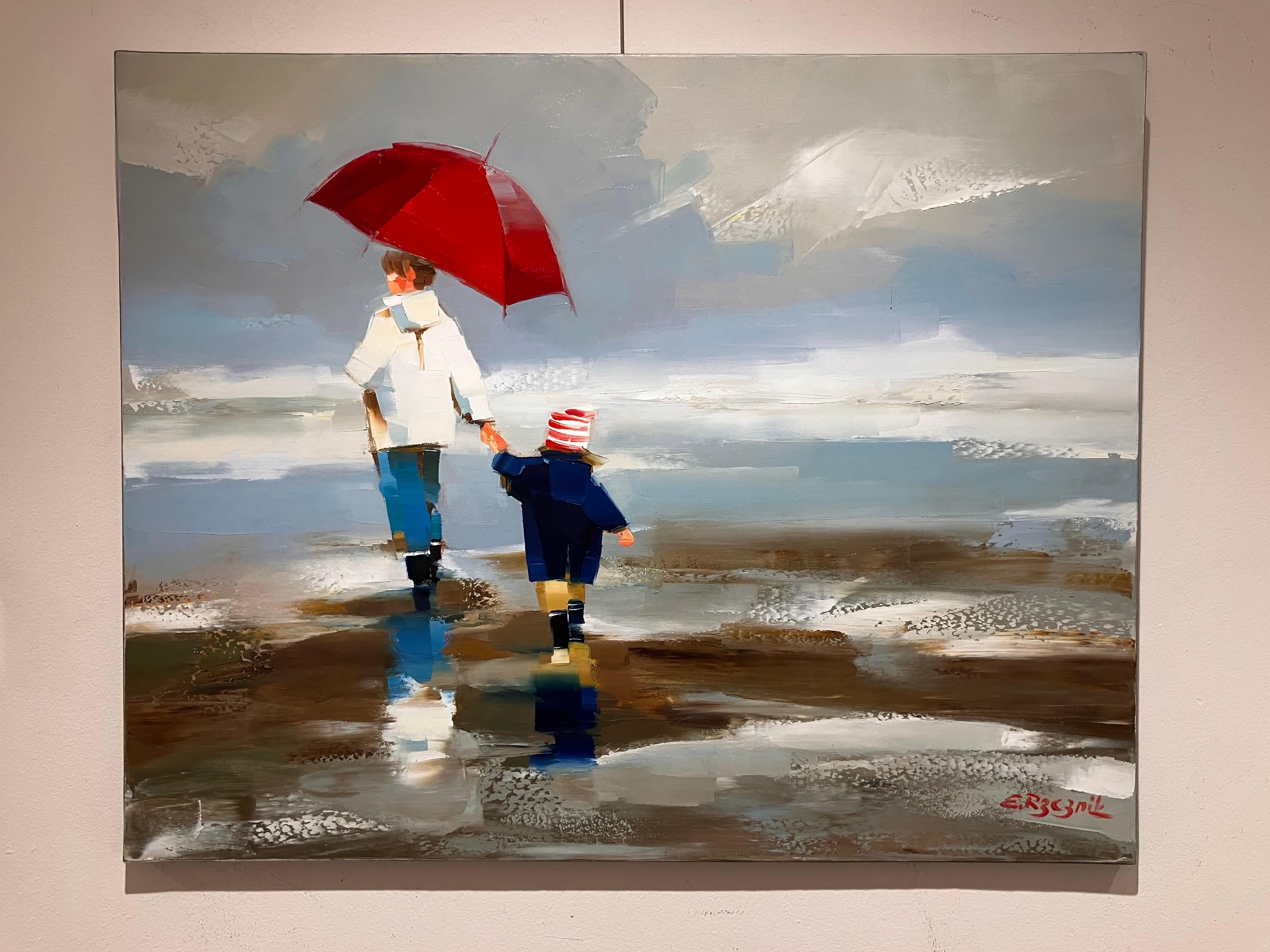 Roter Regenschirm'' Zeitgenössisches Ölgemälde einer Mutter mit Kind am Strand im Angebot 4