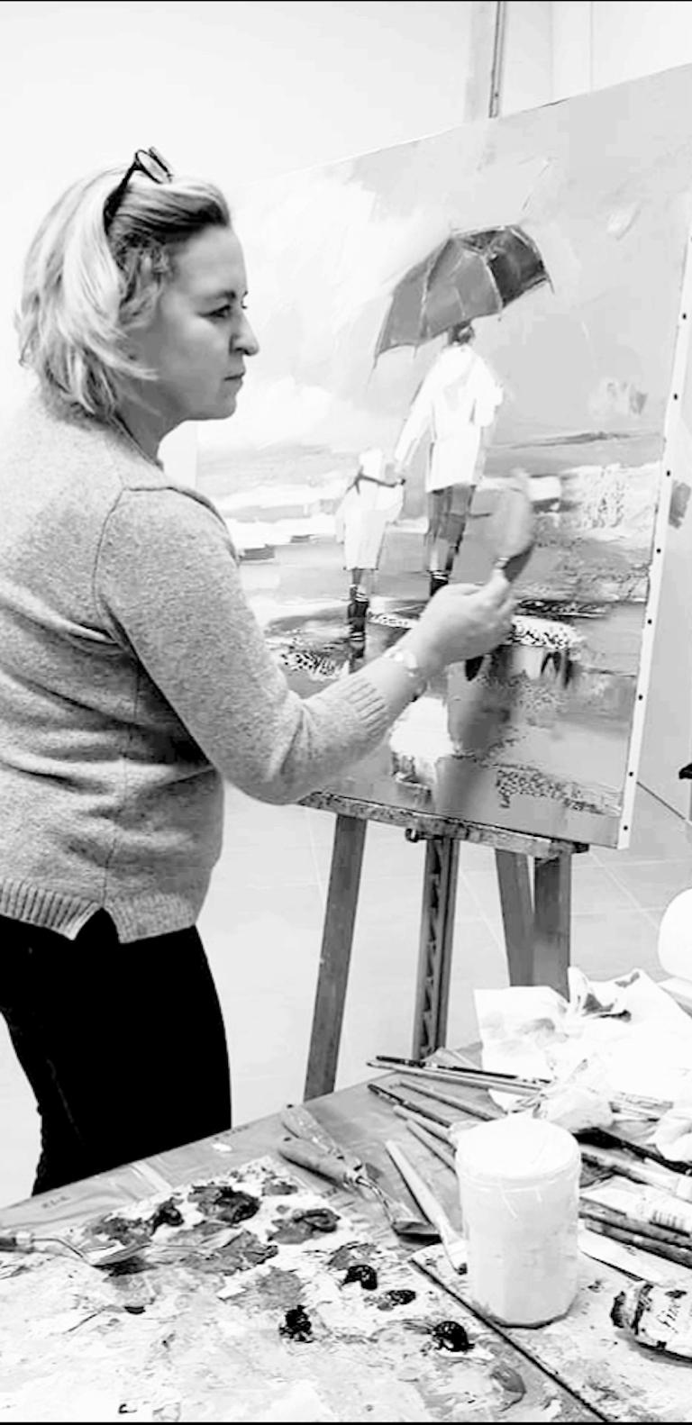 Roter Regenschirm'' Zeitgenössisches Ölgemälde einer Mutter mit Kind am Strand im Angebot 5