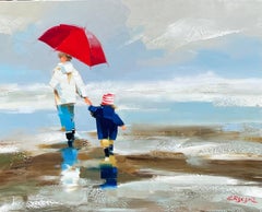 ''Paraguas rojo'' Pintura al óleo contemporánea de una madre y su hijo en la playa