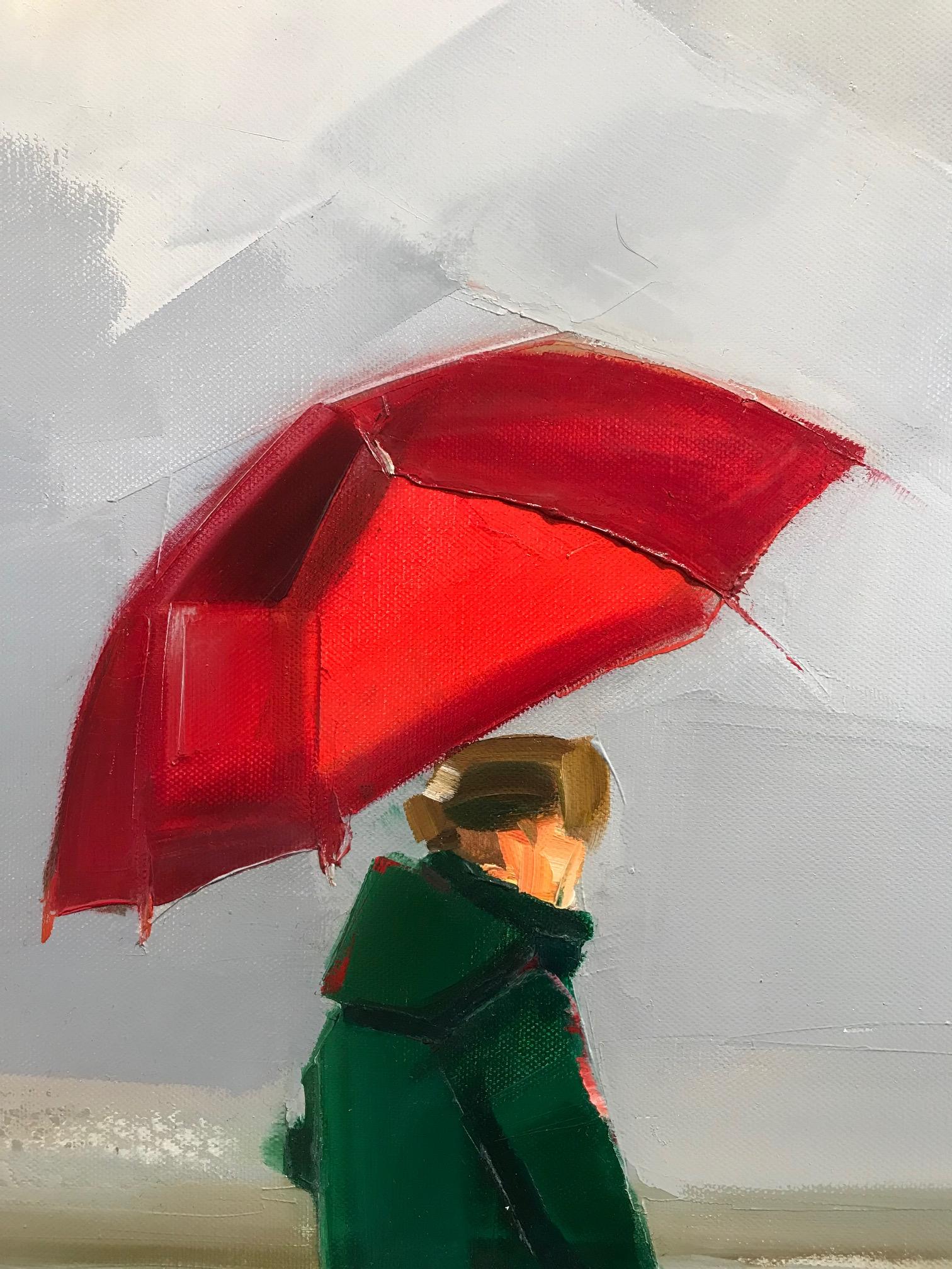 ''Red Umbrella' Contemporary Oil Painting of Mother and Child on the Beach For Sale 2
