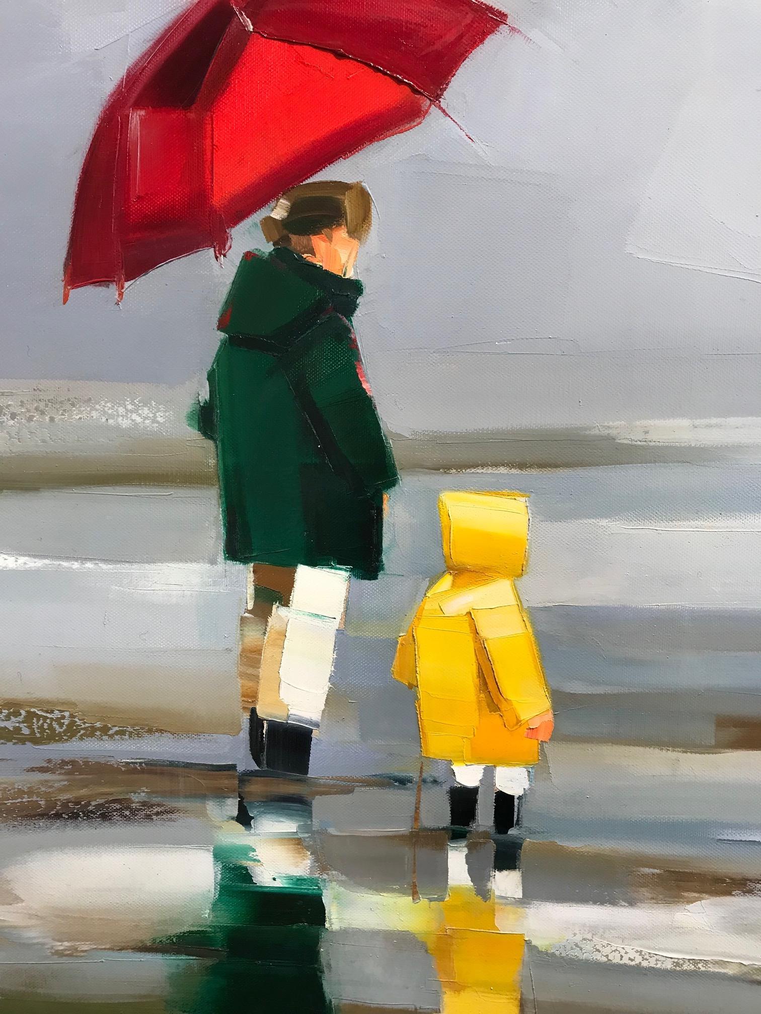 « Red Umbrella » - Peinture à l'huile contemporaine d'une mère et d'un enfant sur la plage en vente 1